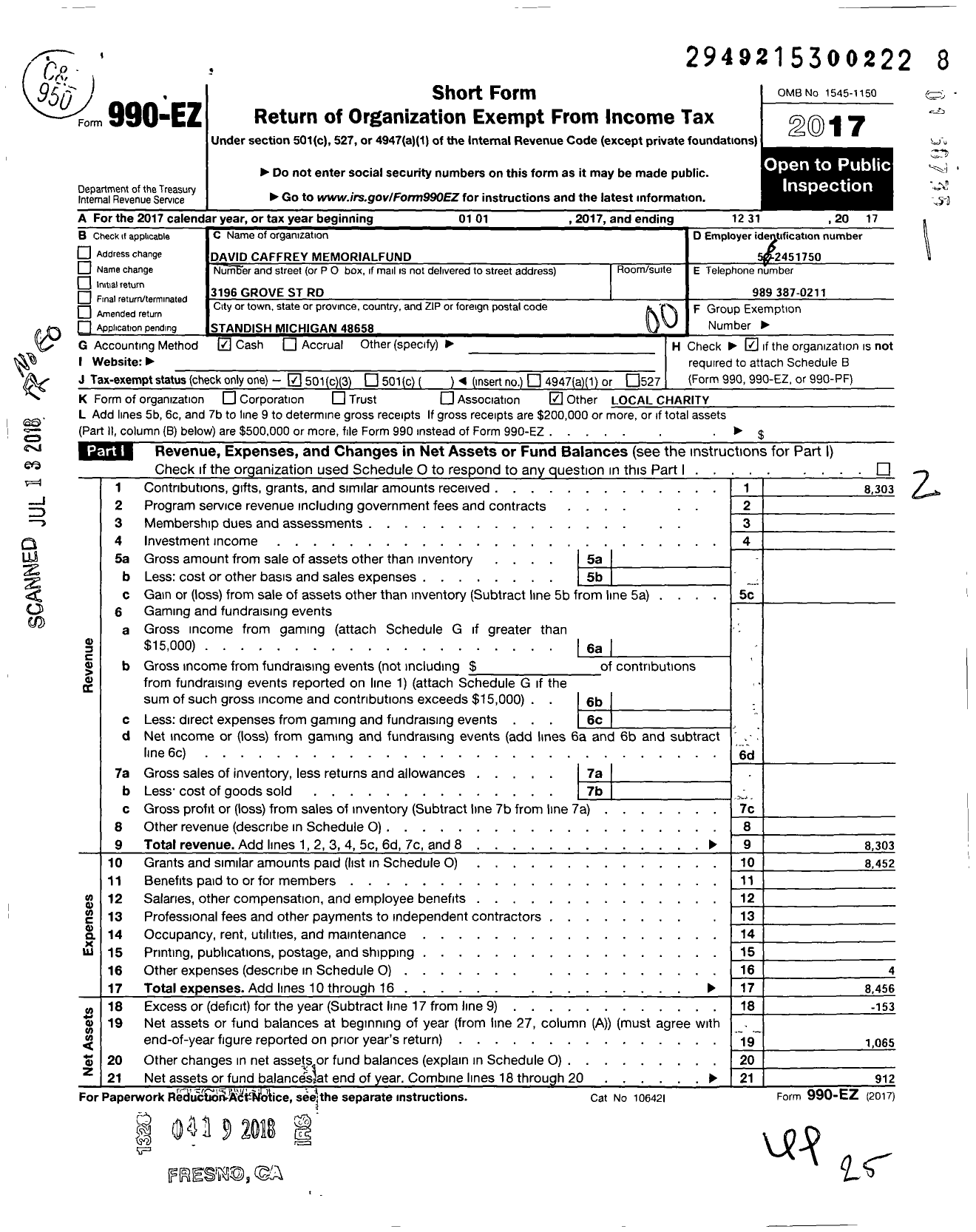 Image of first page of 2017 Form 990EO for David Caffrey Memorial Fund