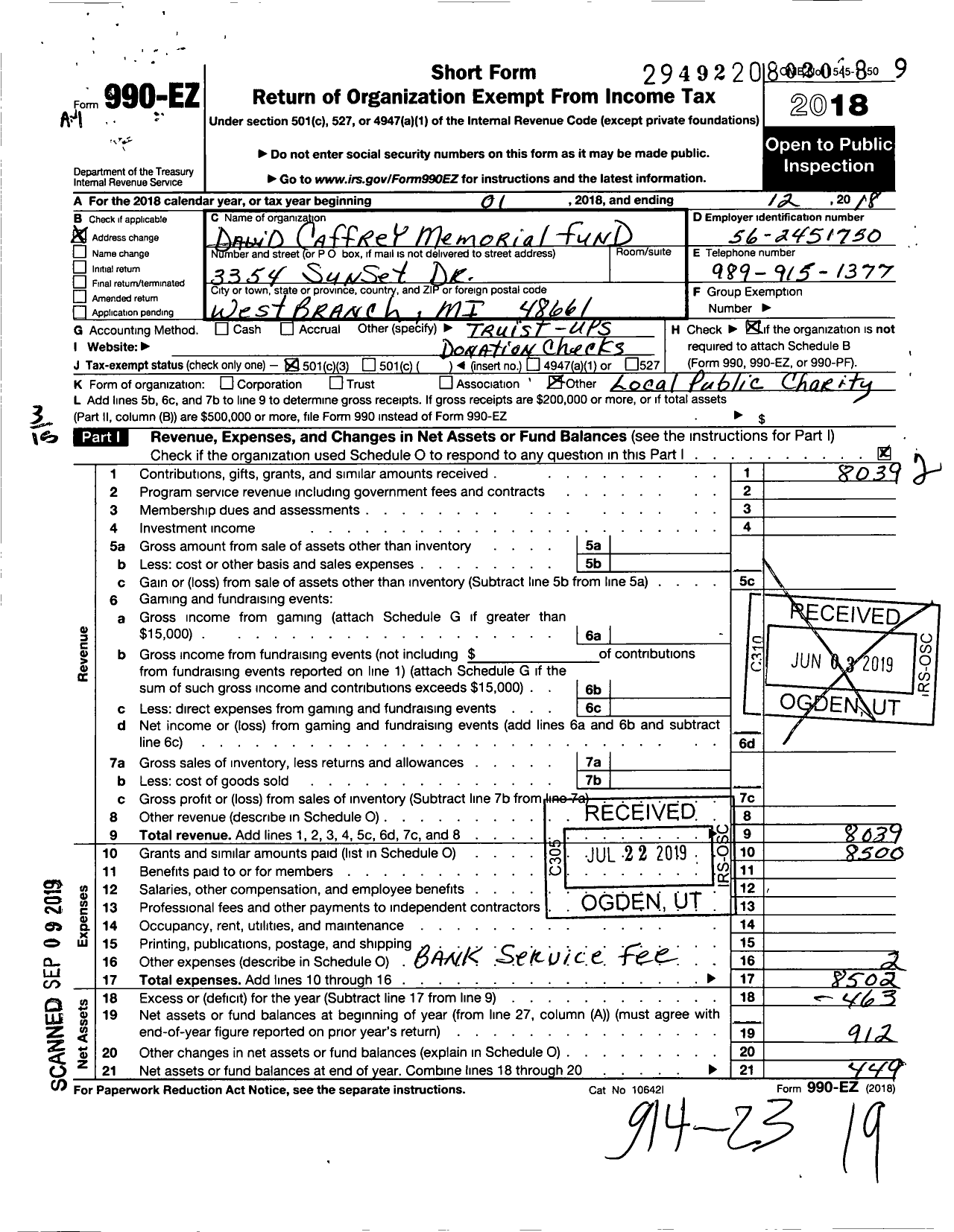 Image of first page of 2018 Form 990EZ for David Caffrey Memorial Fund