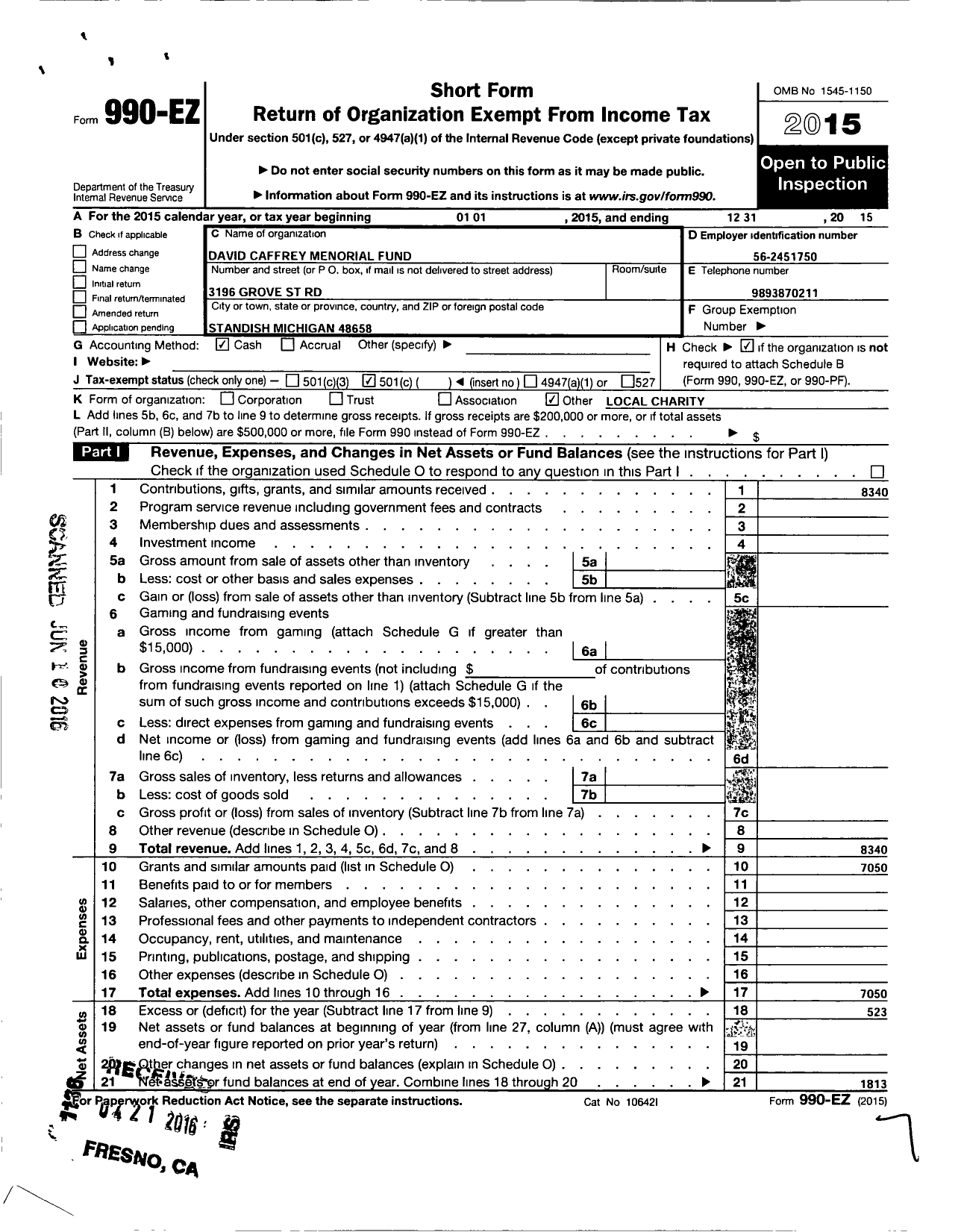 Image of first page of 2015 Form 990EO for David Caffrey Memorial Fund