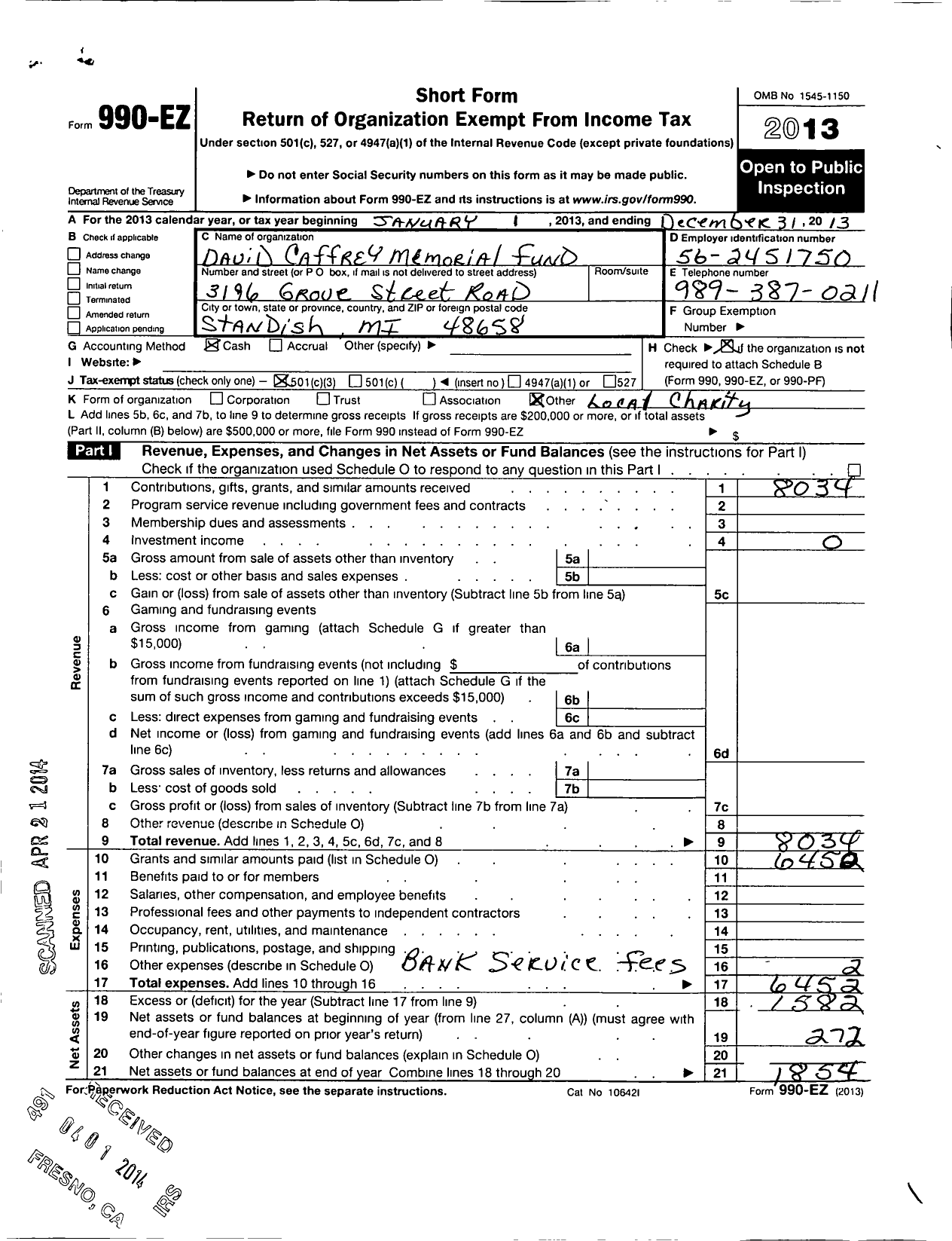 Image of first page of 2013 Form 990EZ for David Caffrey Memorial Fund