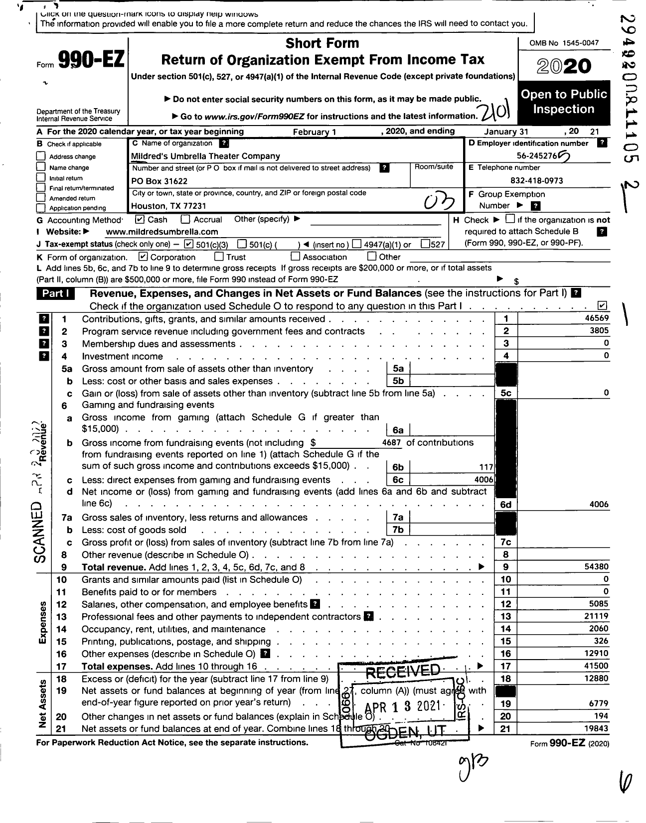 Image of first page of 2020 Form 990EZ for Mildreds Umbrella Theater Company