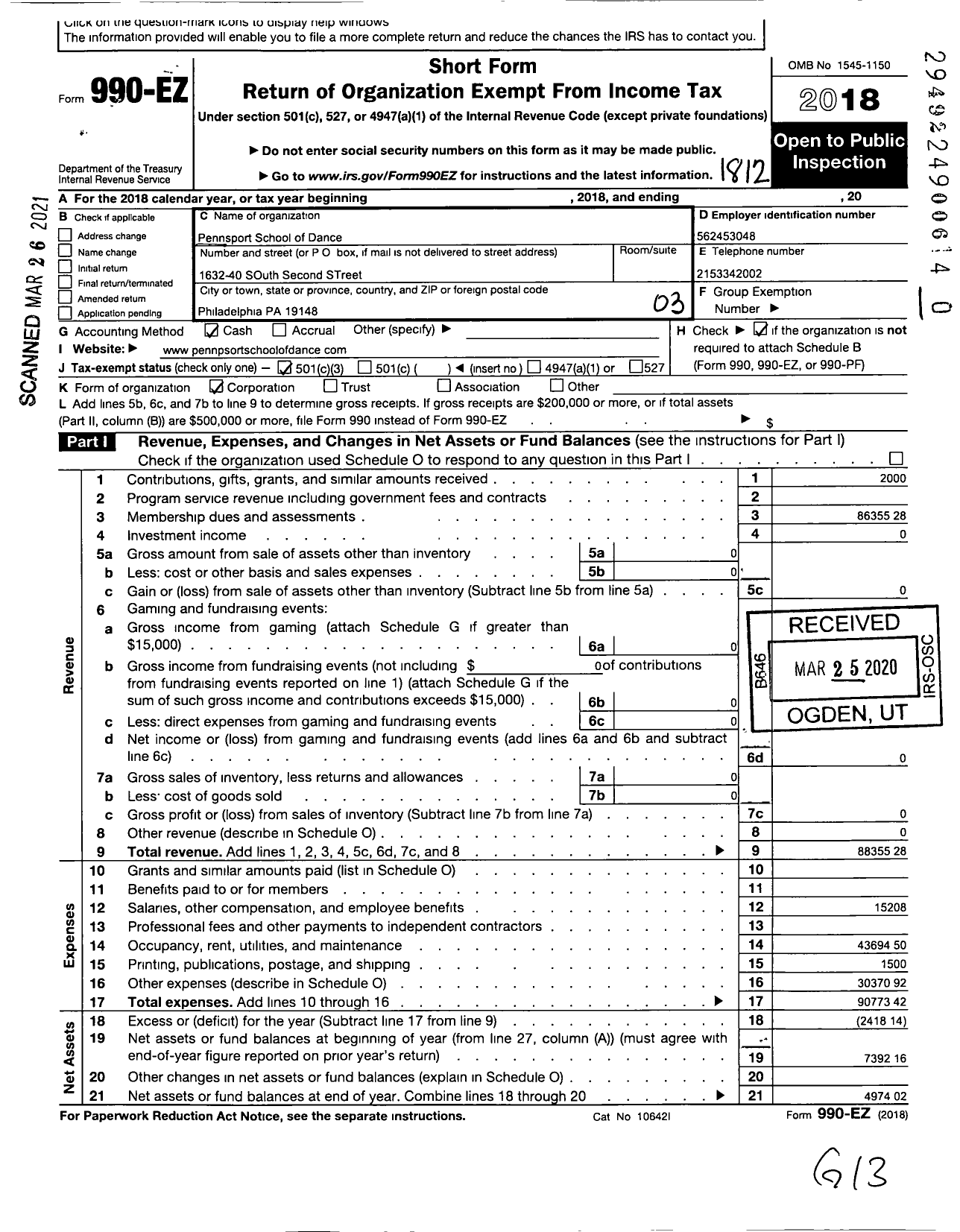 Image of first page of 2018 Form 990EZ for Pennsport School of Dance