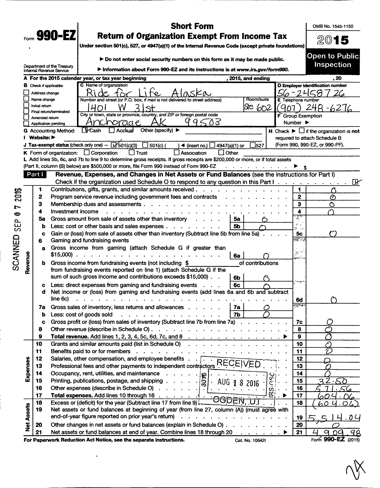 Image of first page of 2015 Form 990EZ for Ride for Life Alaska
