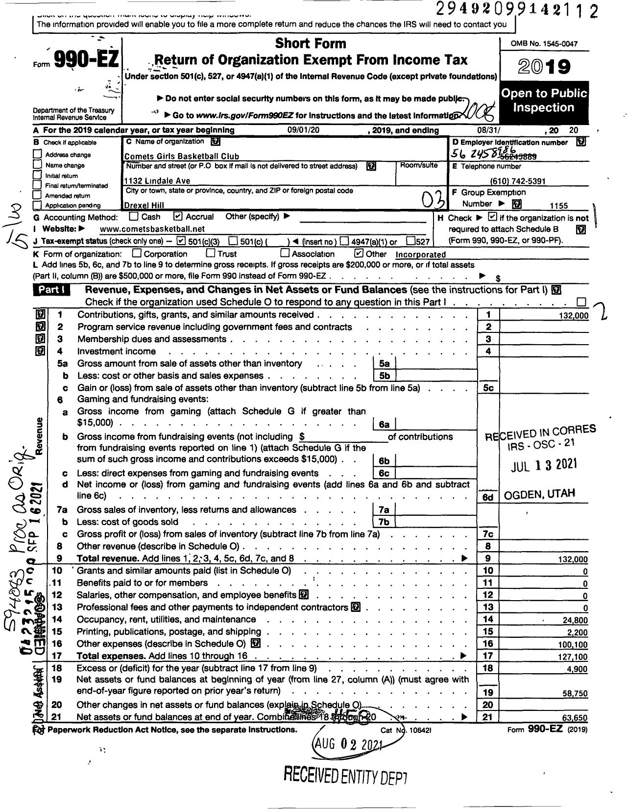 Image of first page of 2019 Form 990EZ for Amateur Athletic Union - Comets Girls Basketball Club