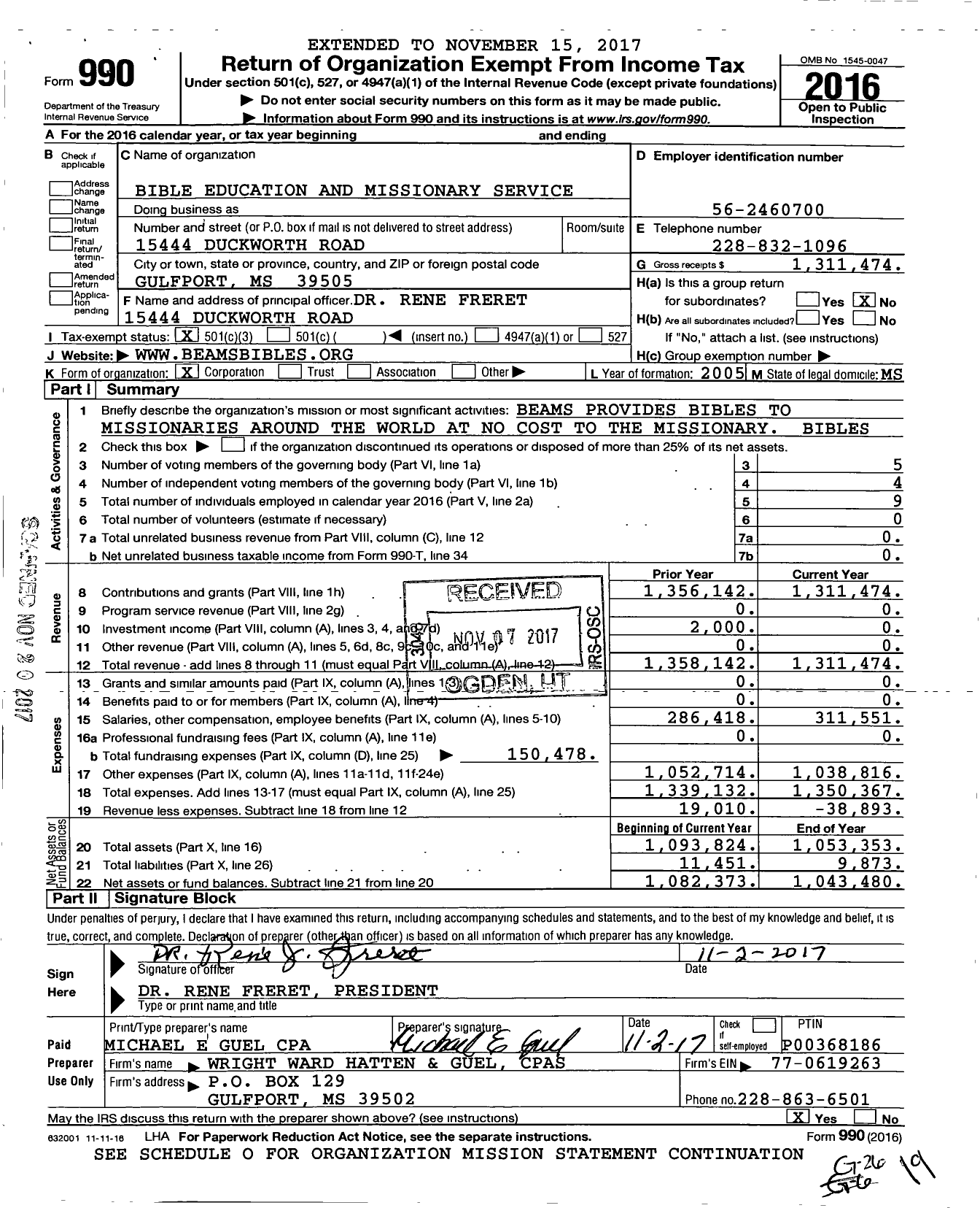 Image of first page of 2016 Form 990 for Bible Education and Missionary Service (BEAMS)