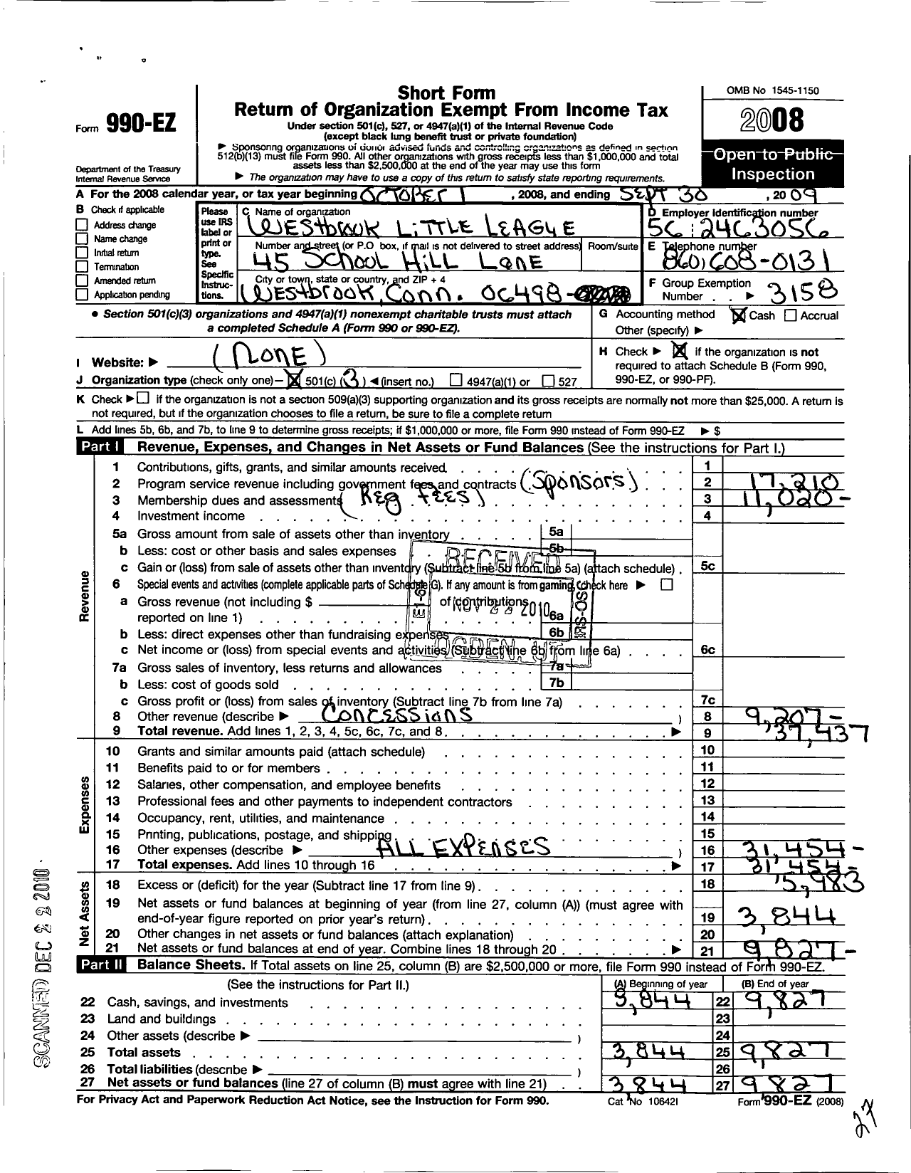 Image of first page of 2008 Form 990EZ for Little League Baseball - 2070915 Westbrook LL