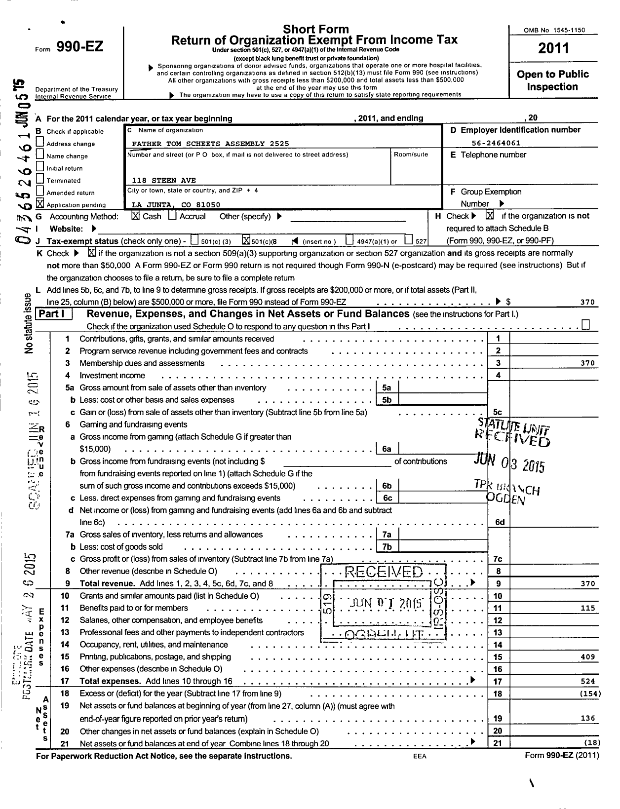 Image of first page of 2011 Form 990EO for Father Tom Scheets Assembly No 2525