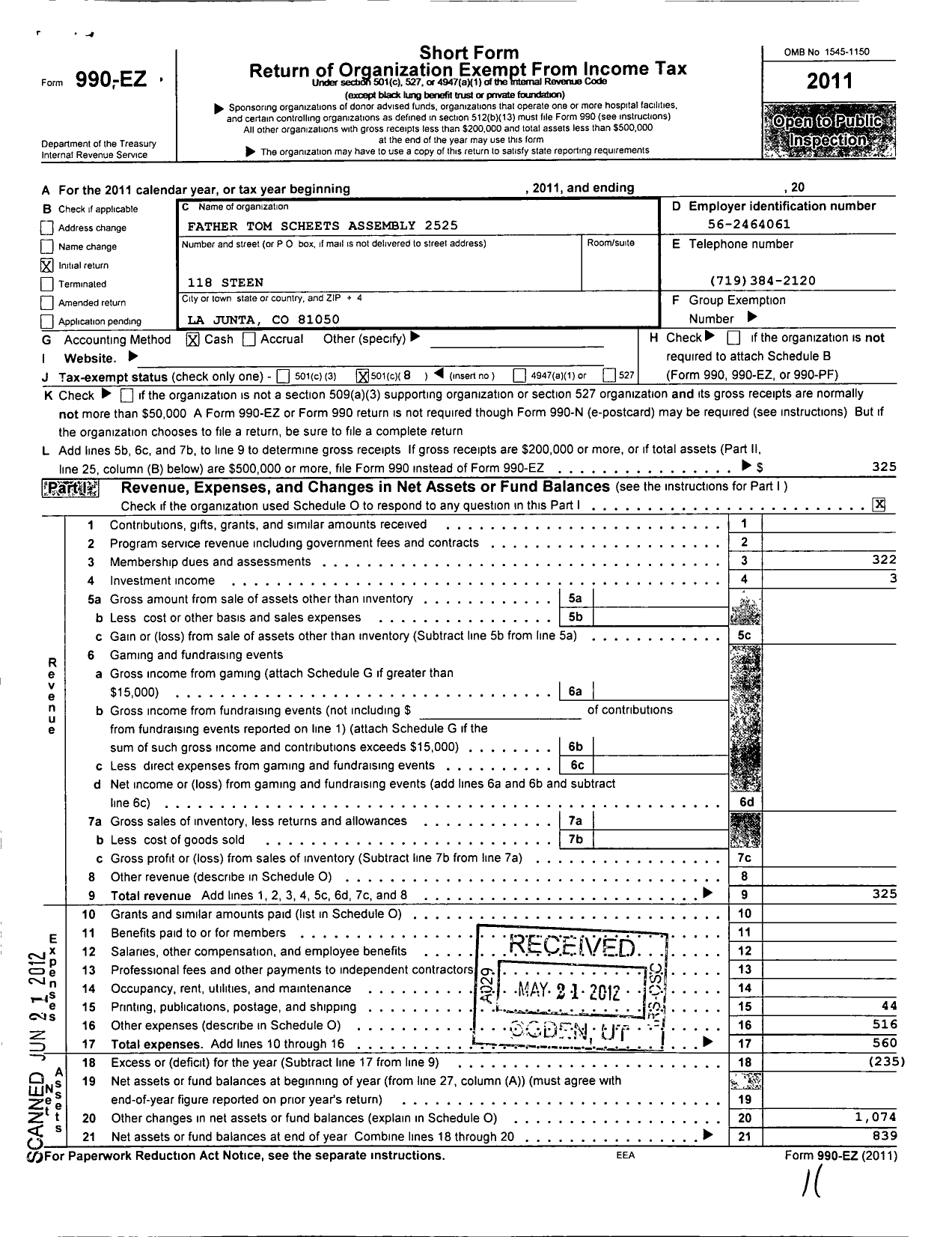 Image of first page of 2011 Form 990EO for Father Tom Scheets Assembly No 2525