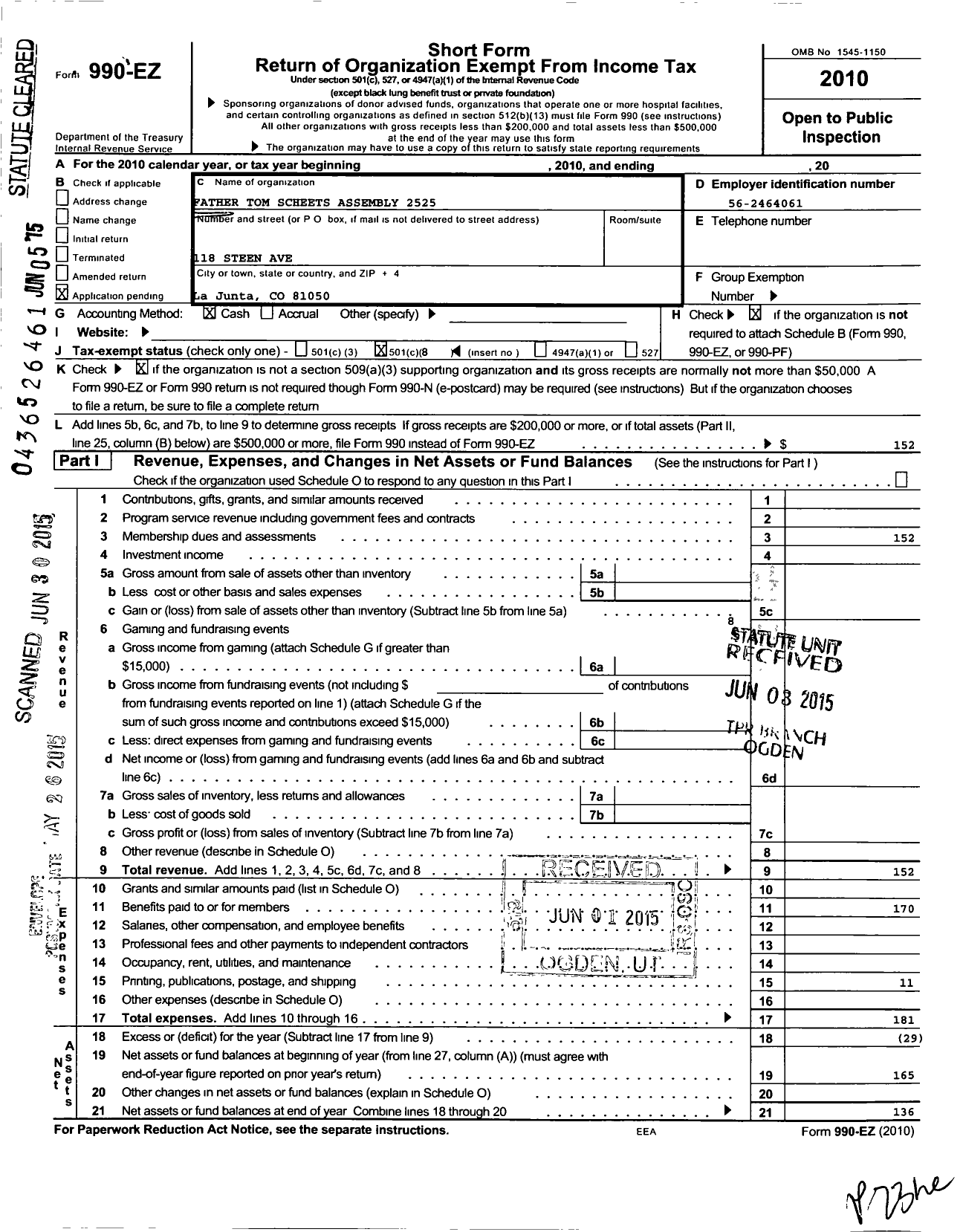 Image of first page of 2010 Form 990EO for Father Tom Scheets Assembly No 2525