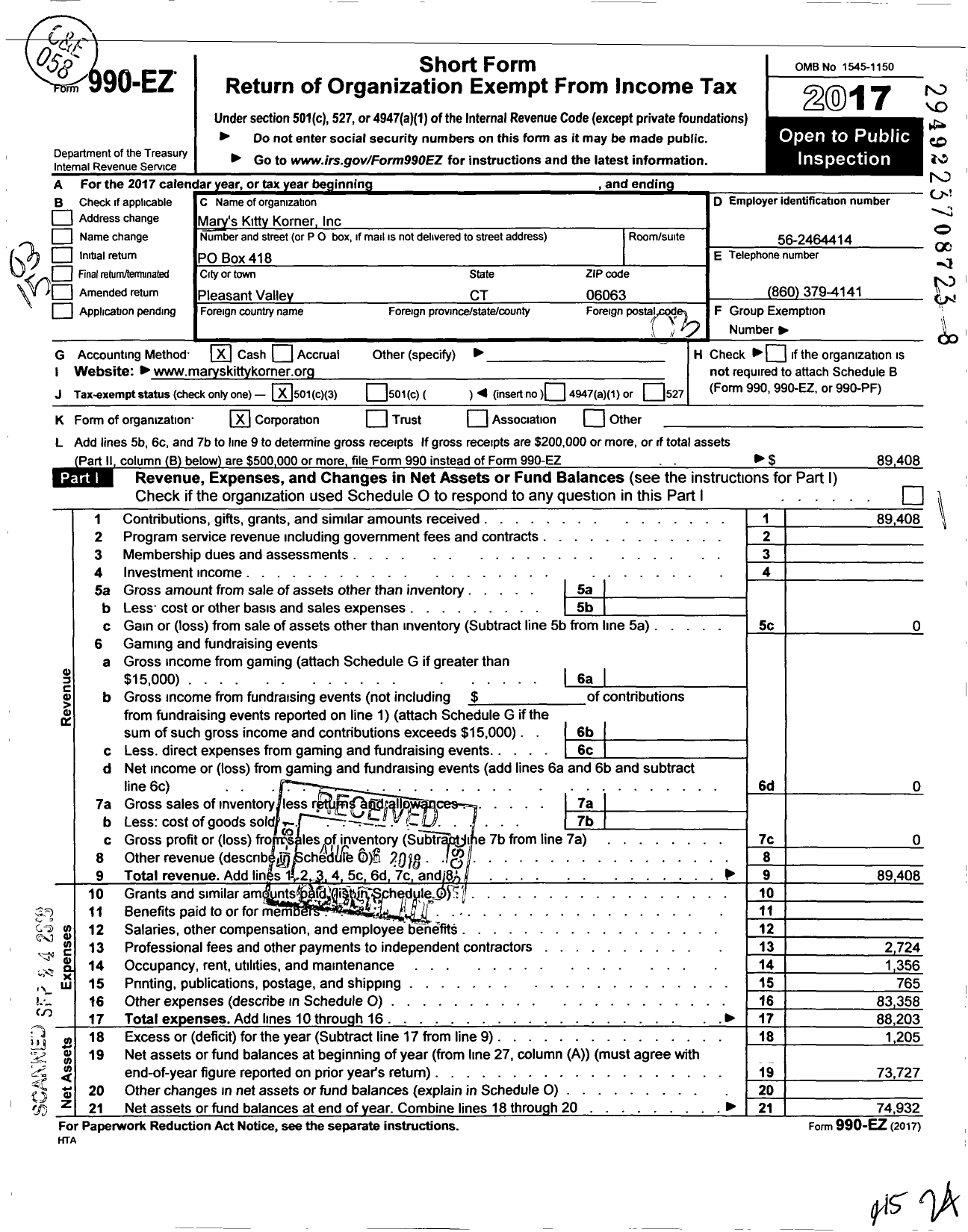 Image of first page of 2017 Form 990EZ for Marys Kitty Korner