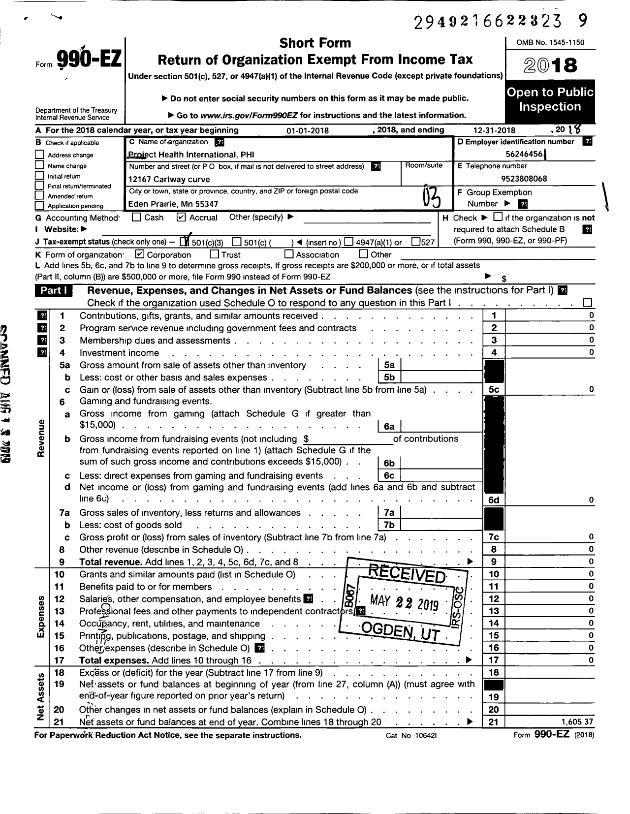 Image of first page of 2018 Form 990EZ for Project Health International (PHI)