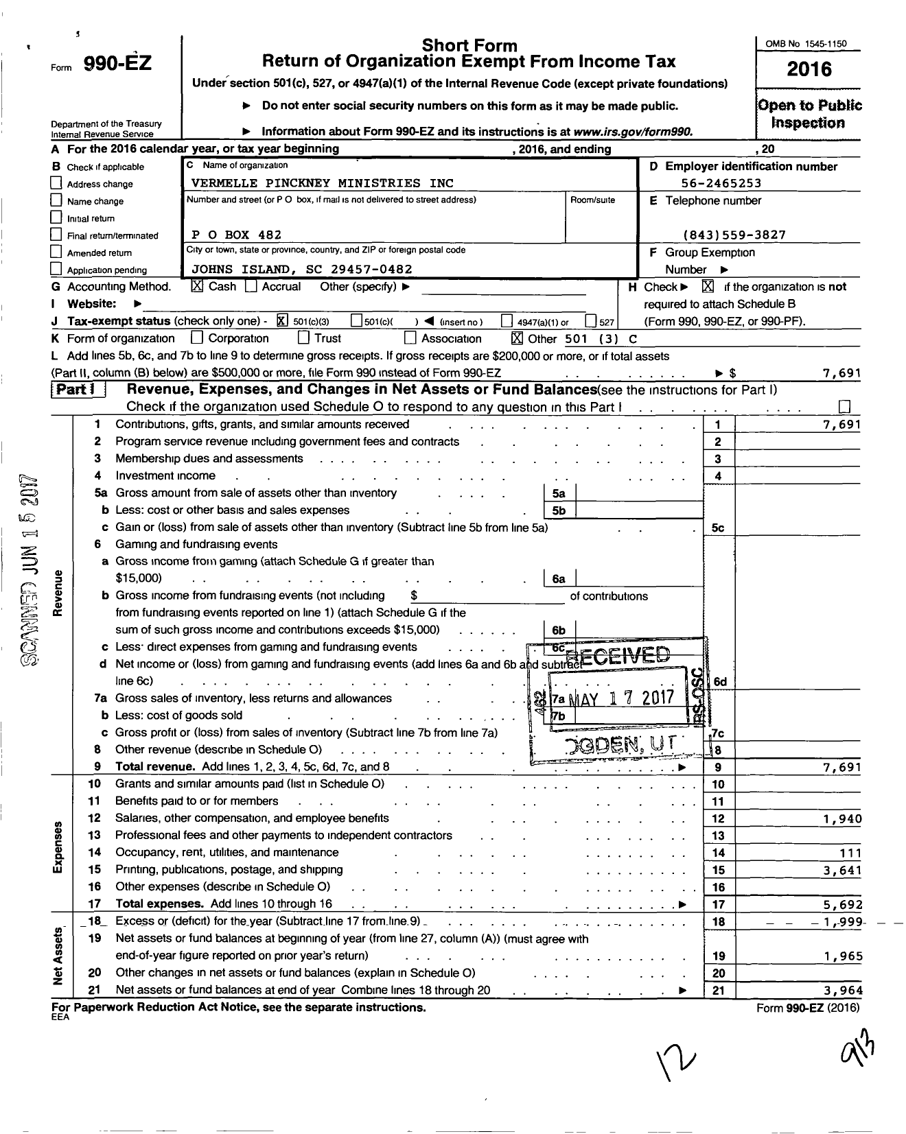 Image of first page of 2016 Form 990EZ for Vermelle Pinckney Ministries