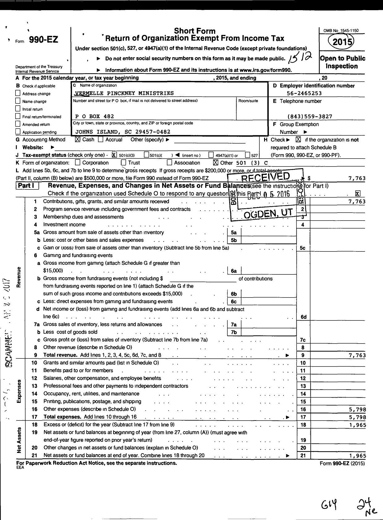 Image of first page of 2015 Form 990EZ for Vermelle Pinckney Ministries