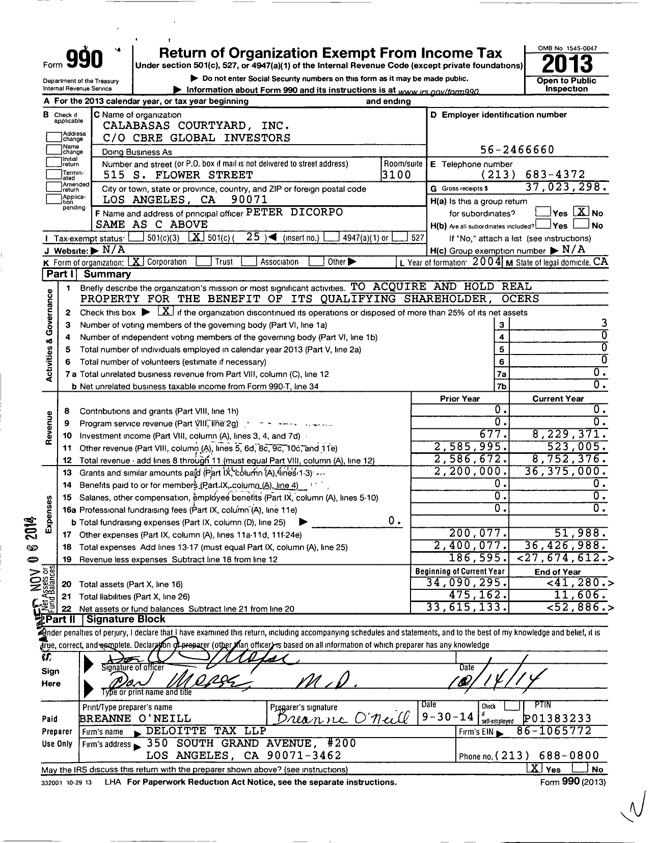Image of first page of 2013 Form 990O for Calabasas Courtyard