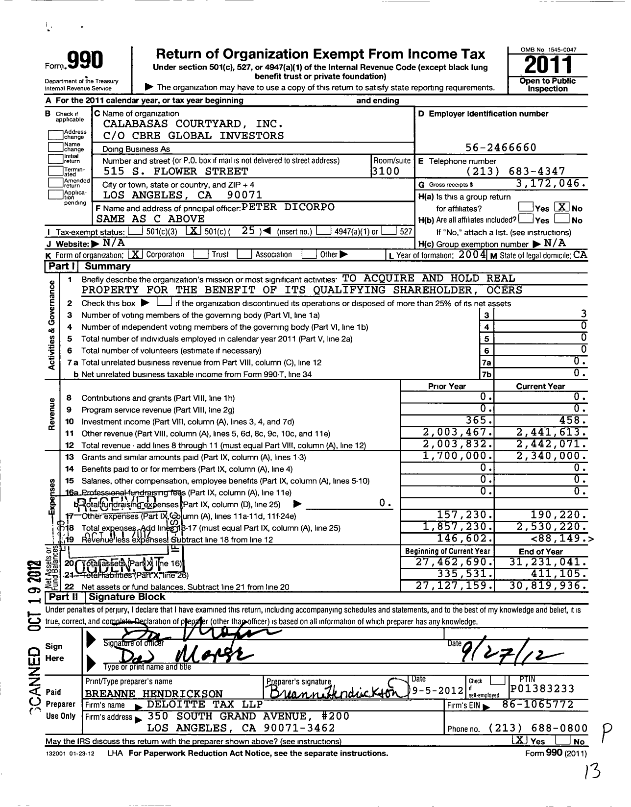 Image of first page of 2011 Form 990O for Calabasas Courtyard