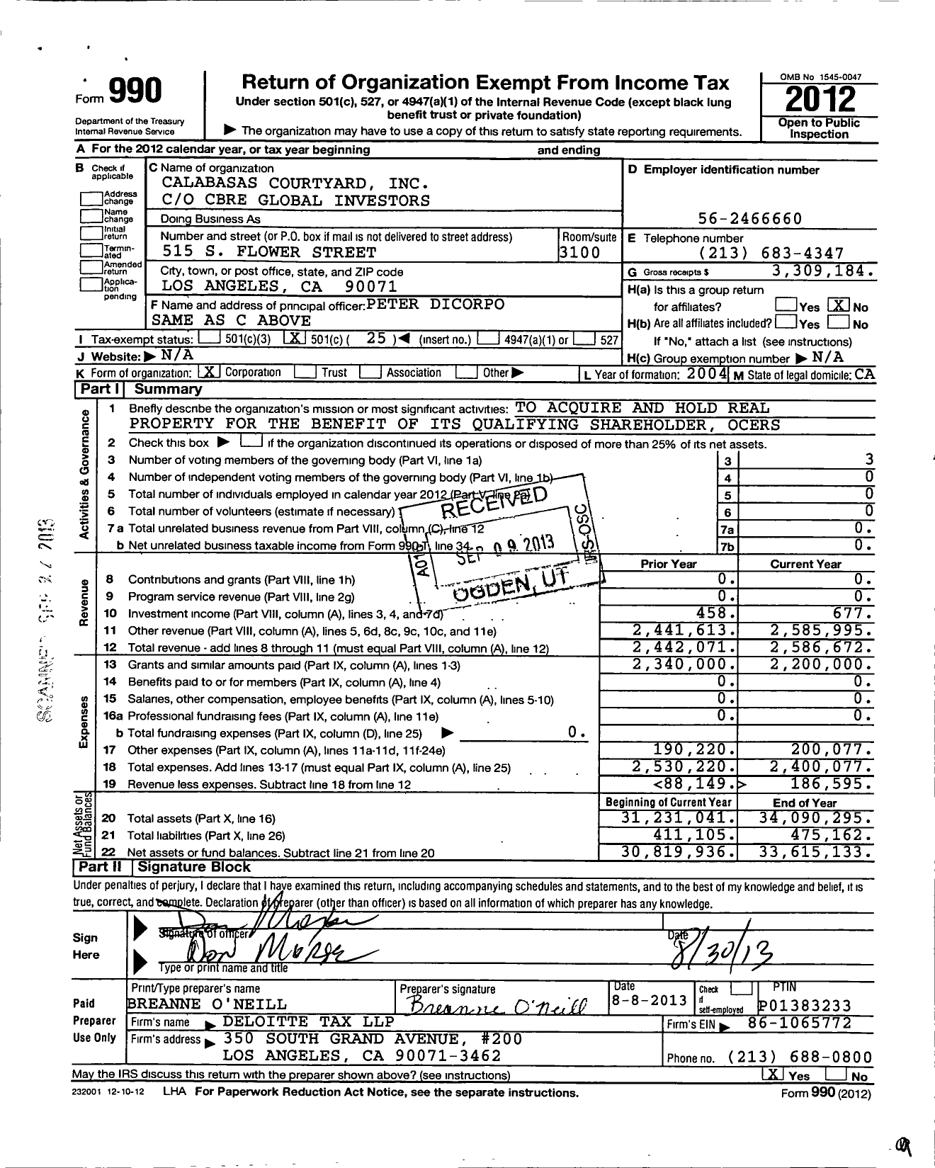 Image of first page of 2012 Form 990O for Calabasas Courtyard