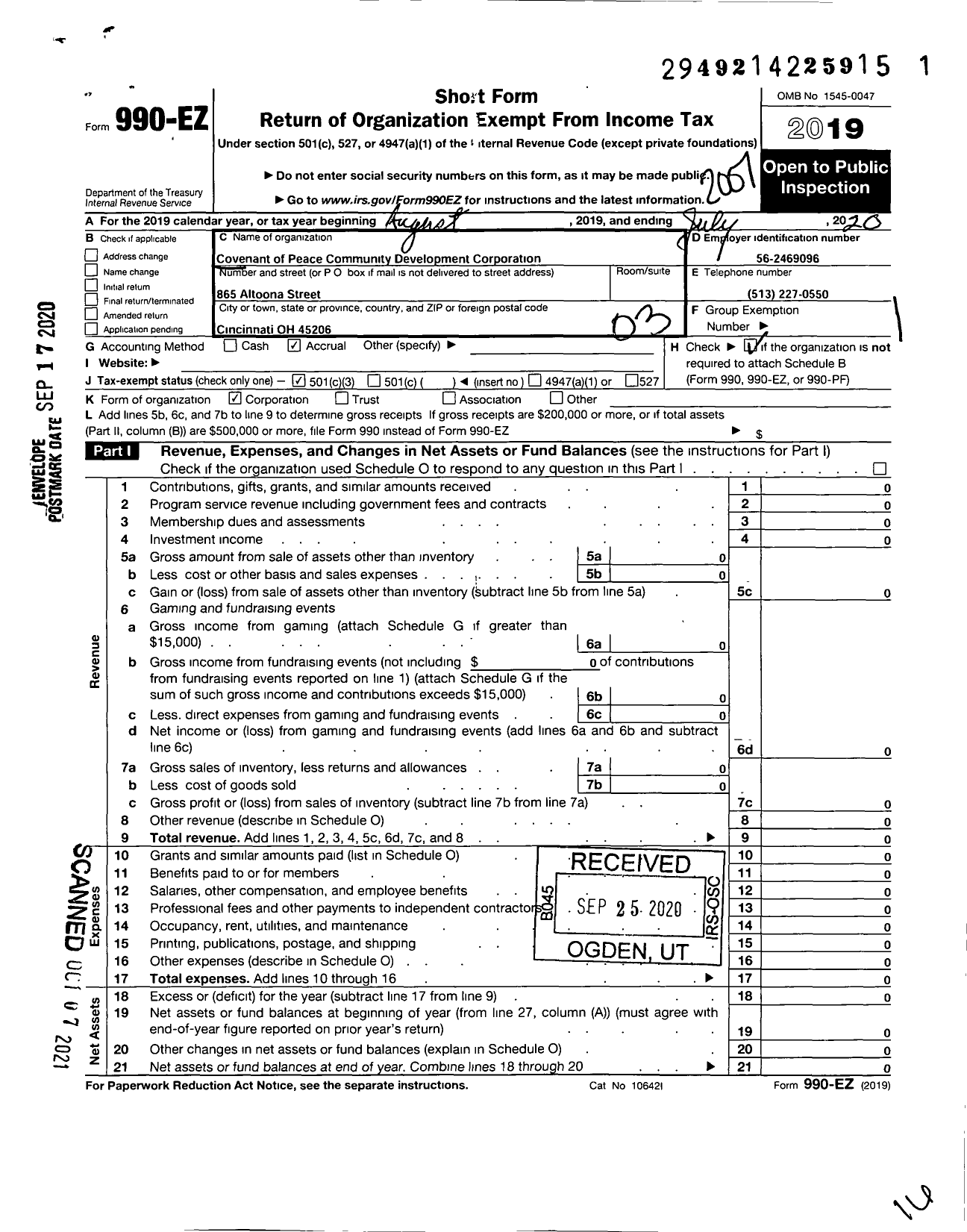 Image of first page of 2019 Form 990EZ for Covenant of Peace Community Development Corporation