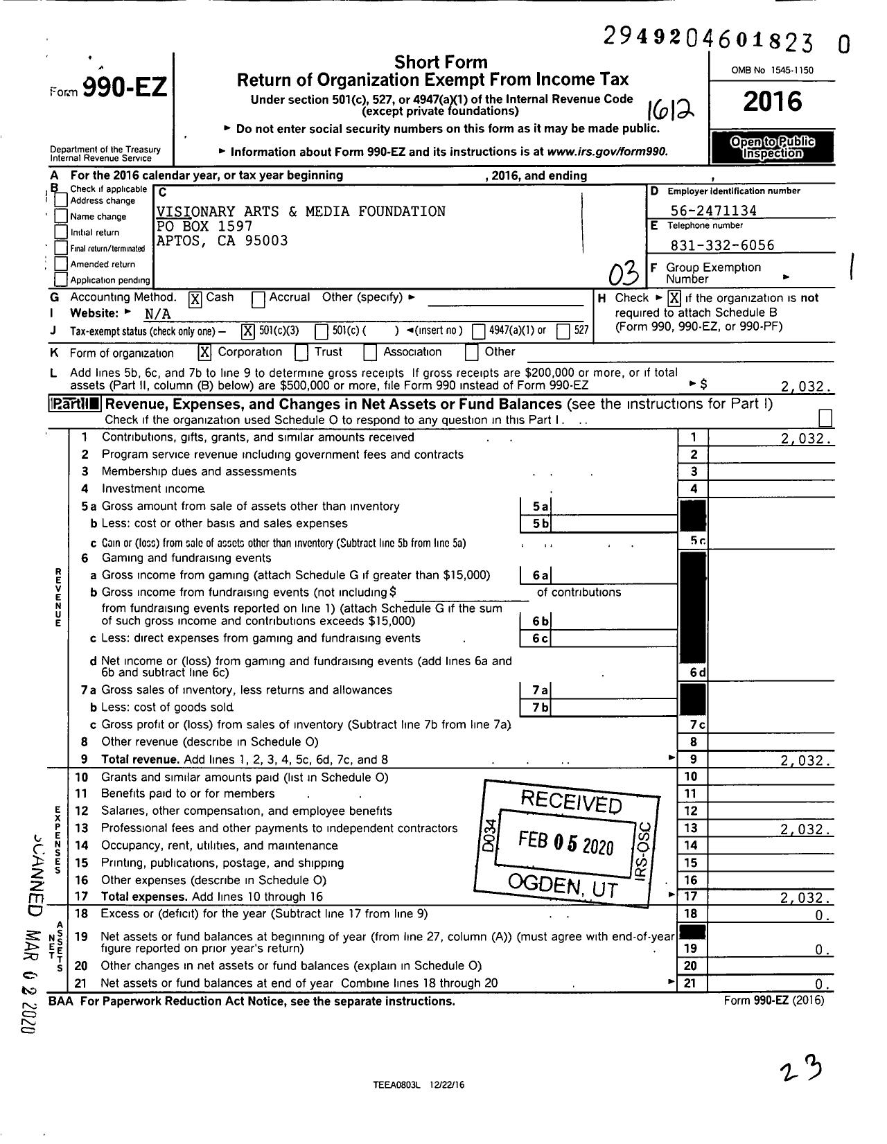 Image of first page of 2016 Form 990EZ for Visionary Arts and Media Foundation