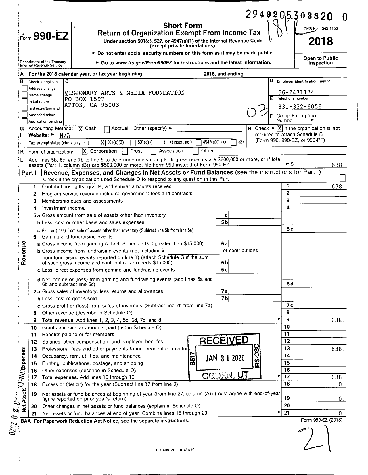 Image of first page of 2018 Form 990EZ for Visionary Arts and Media Foundation