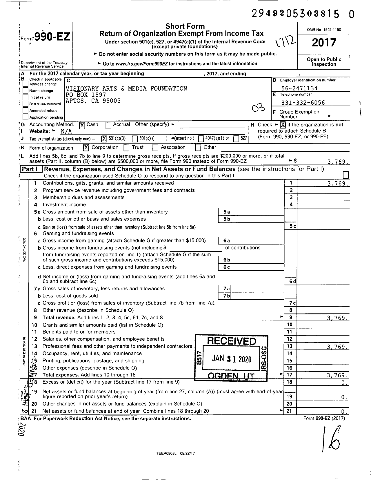 Image of first page of 2017 Form 990EZ for Visionary Arts and Media Foundation