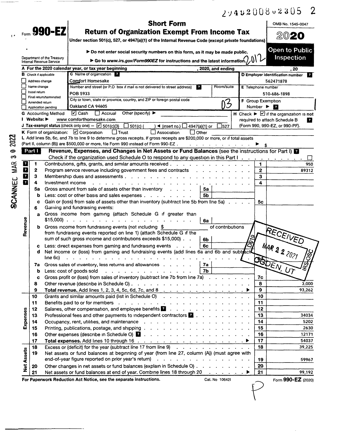 Image of first page of 2020 Form 990EZ for Comfort Homesake