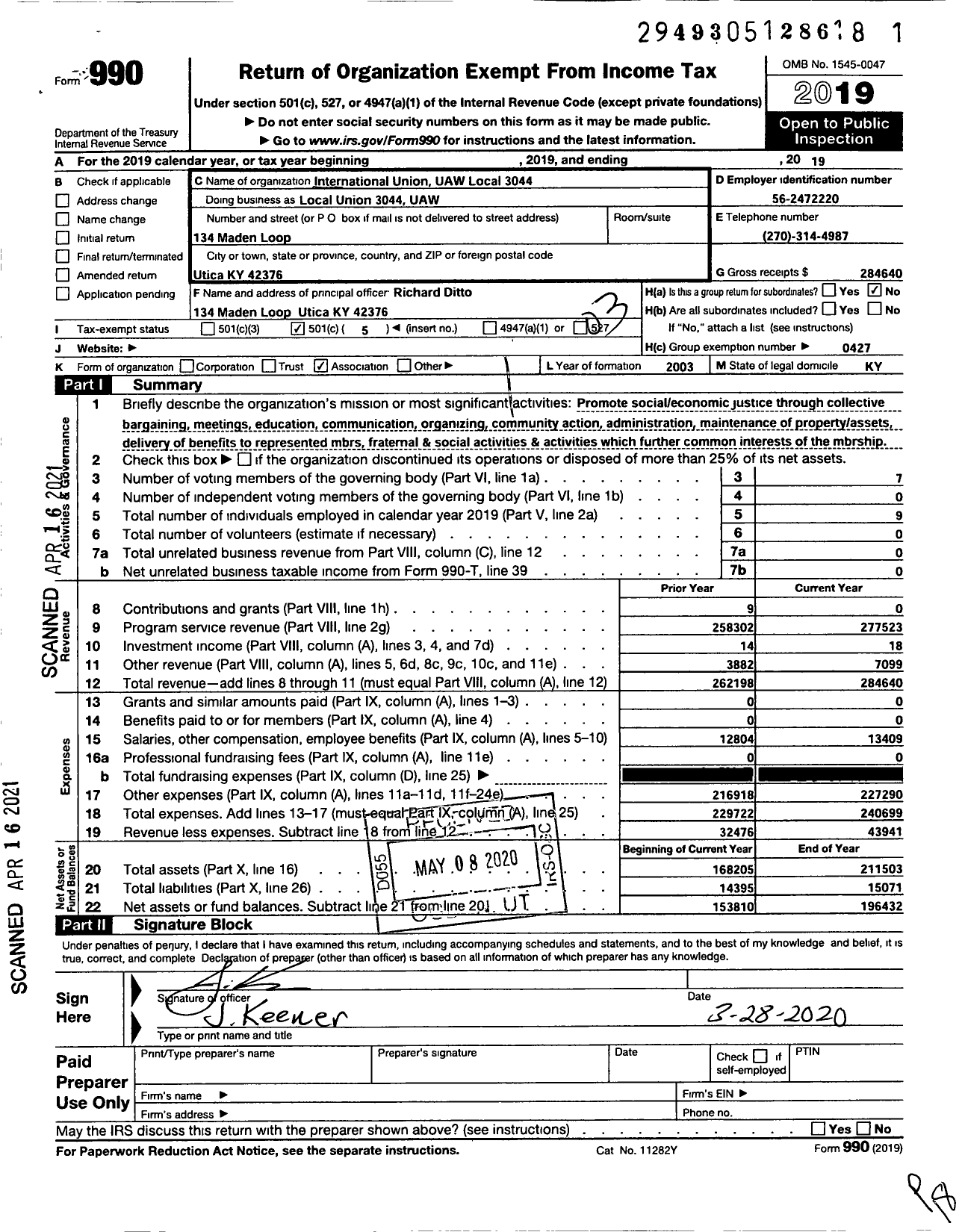 Image of first page of 2019 Form 990 for UAW - International Union UAW Local 3044