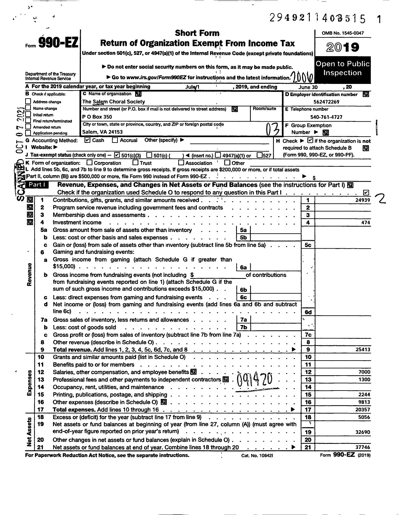 Image of first page of 2019 Form 990EZ for The Salem Choral Society