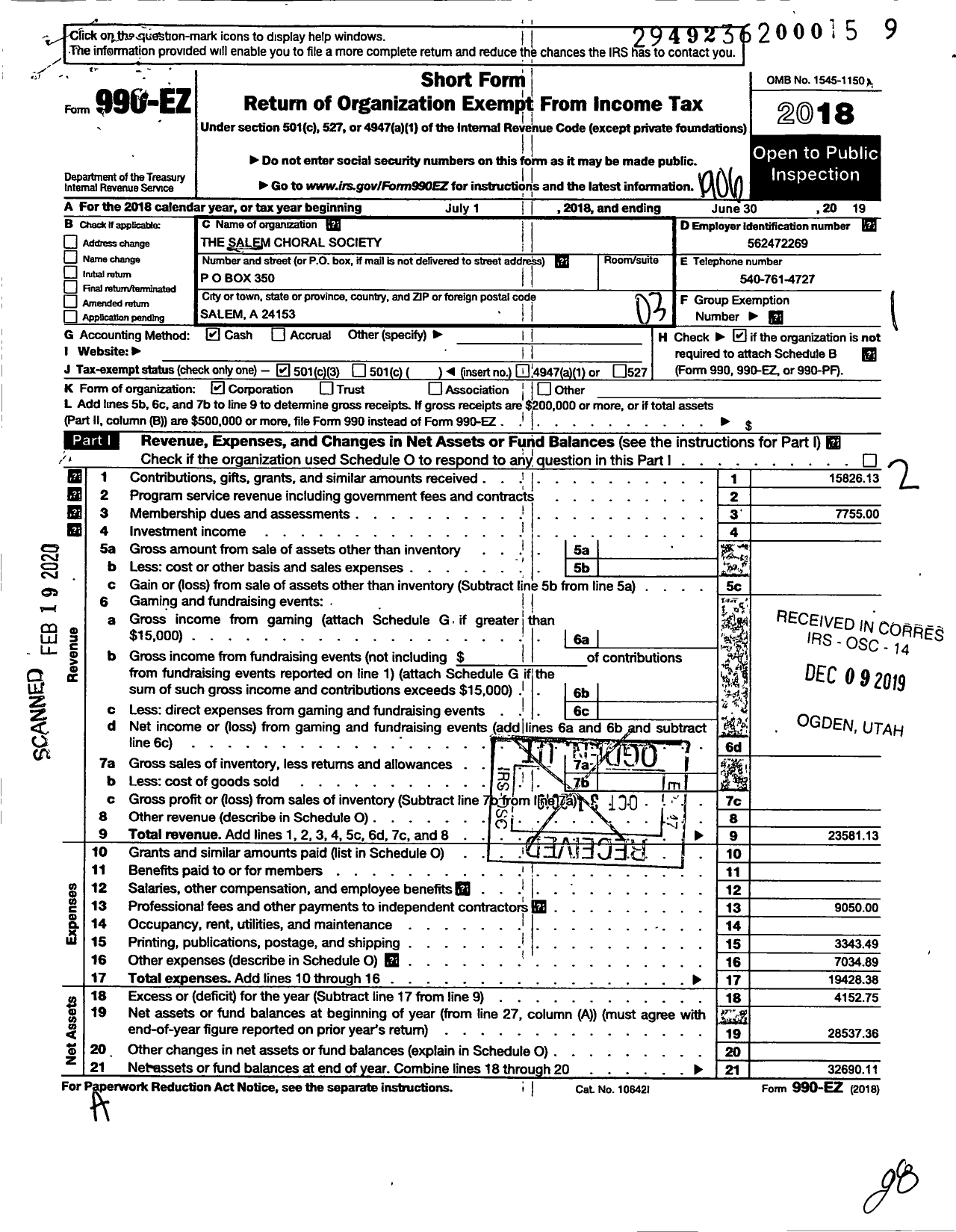 Image of first page of 2018 Form 990EZ for The Salem Choral Society