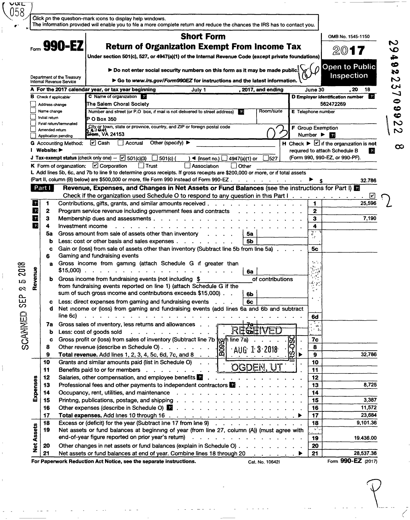 Image of first page of 2017 Form 990EZ for The Salem Choral Society