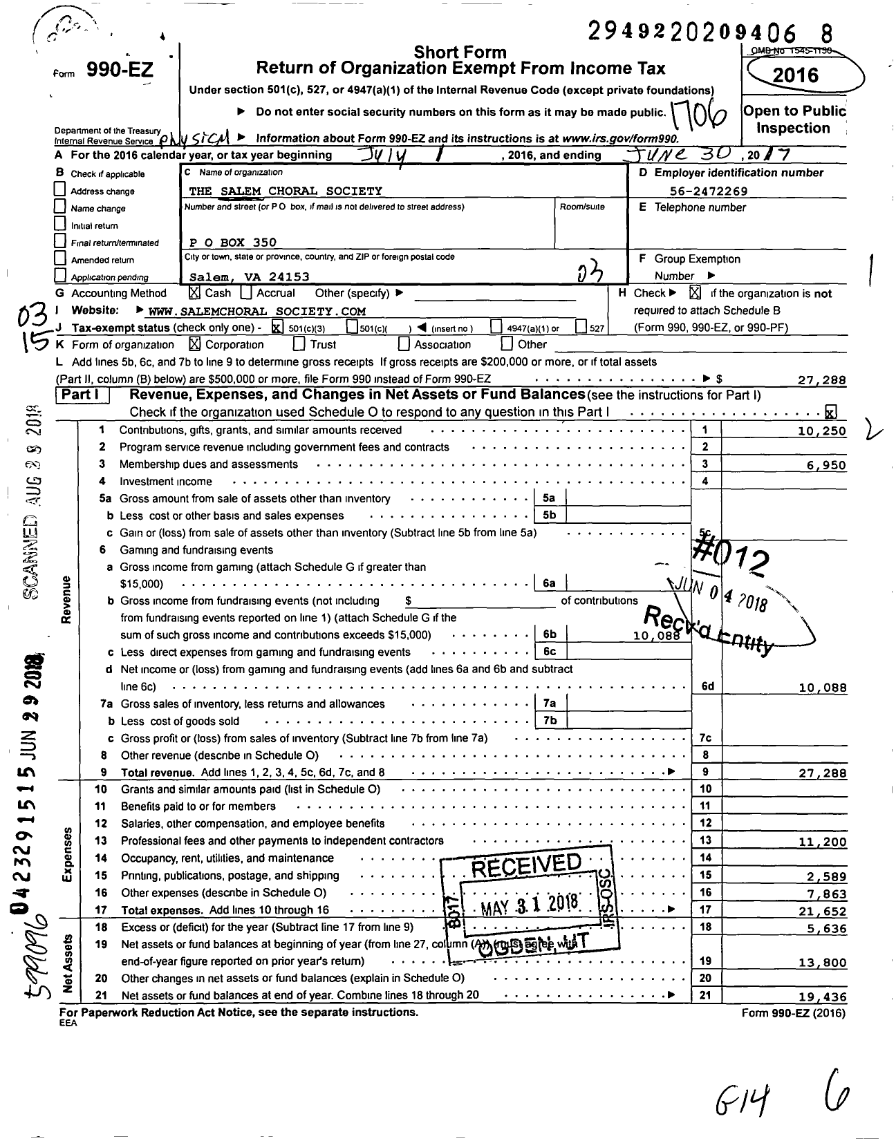 Image of first page of 2016 Form 990EZ for The Salem Choral Society