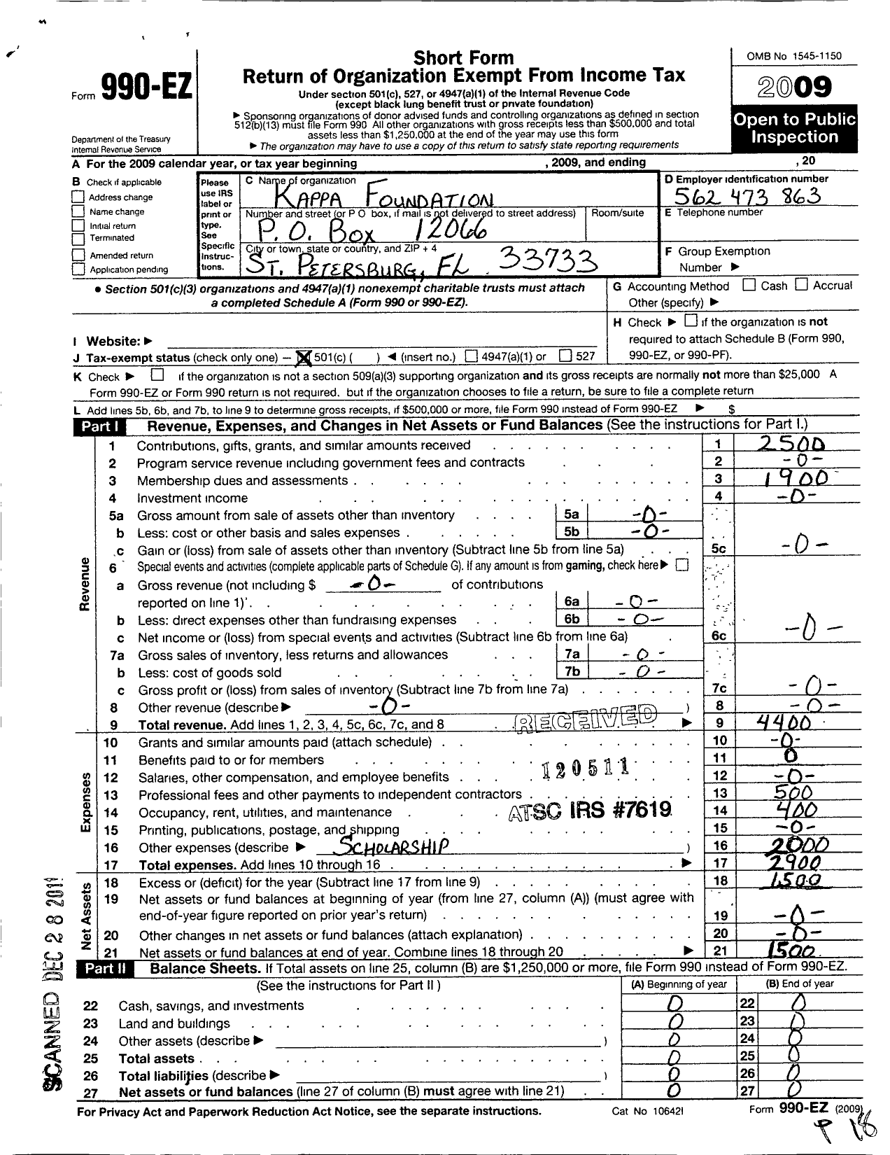 Image of first page of 2009 Form 990EO for Kappa Alpha Psi Guide Right Foundation of St Petersburg