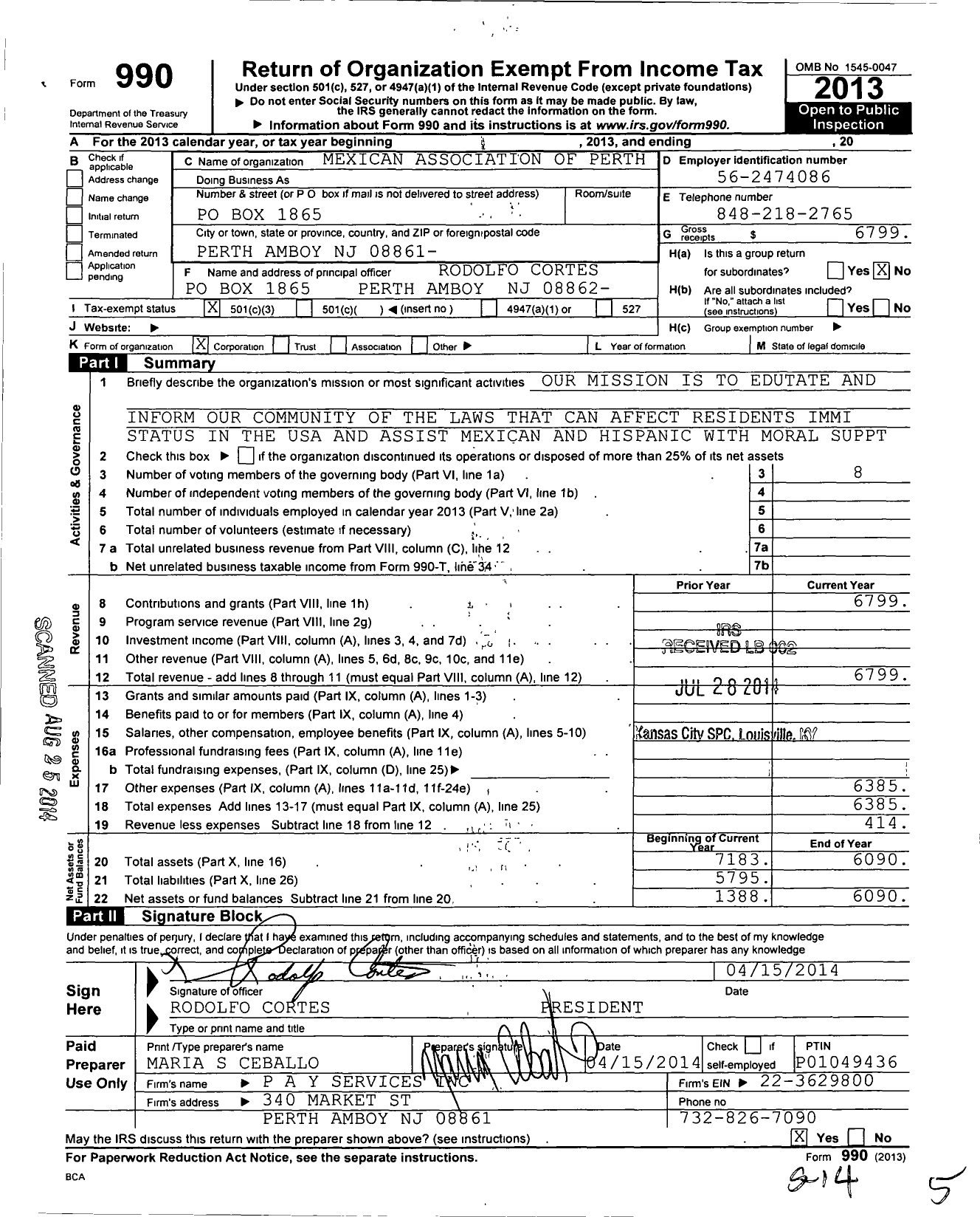 Image of first page of 2013 Form 990 for Mexican Association of Perth A