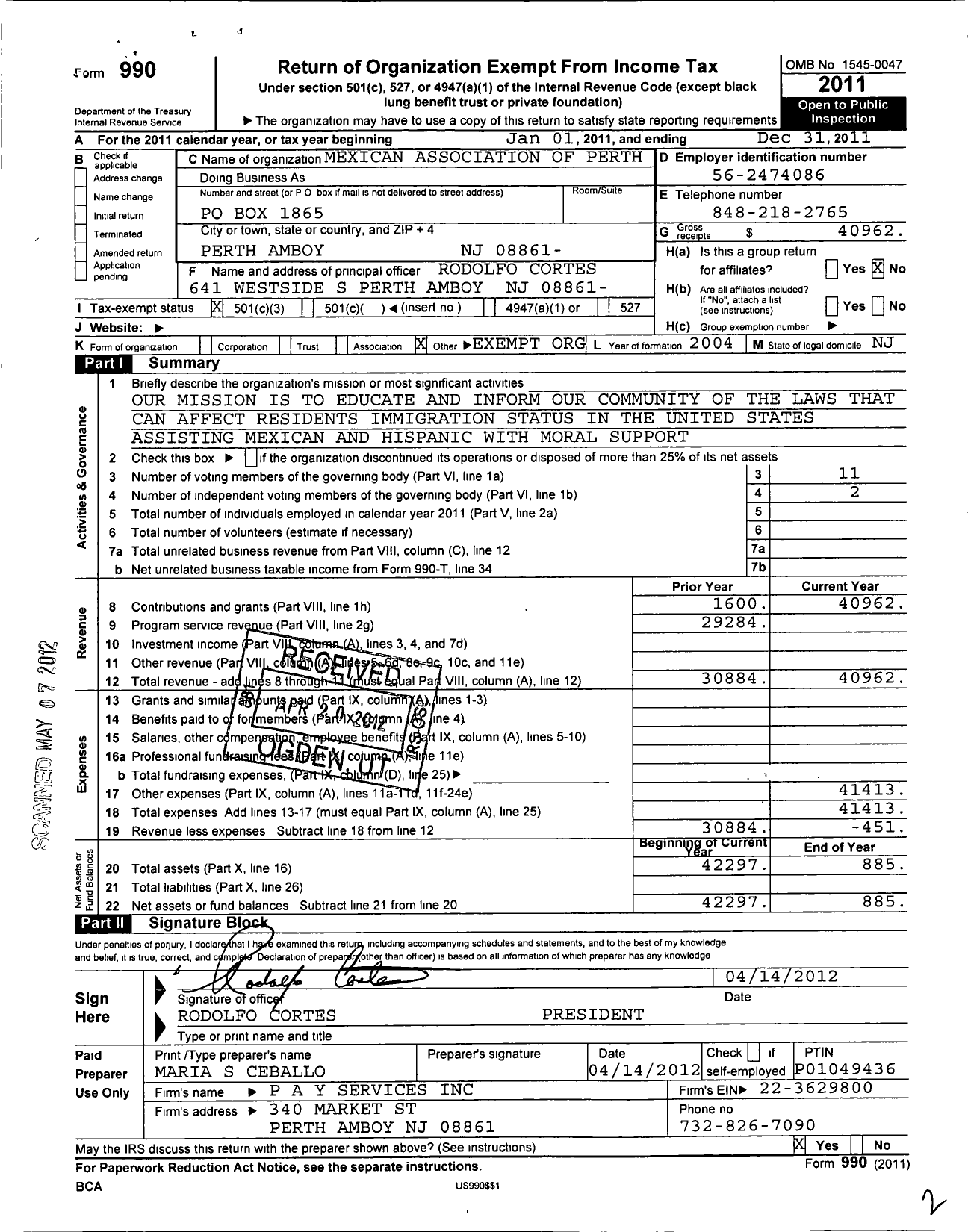 Image of first page of 2011 Form 990 for Mexican Association of Perth A