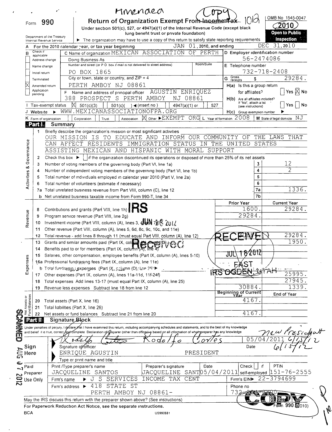 Image of first page of 2010 Form 990 for Mexican Association of Perth A