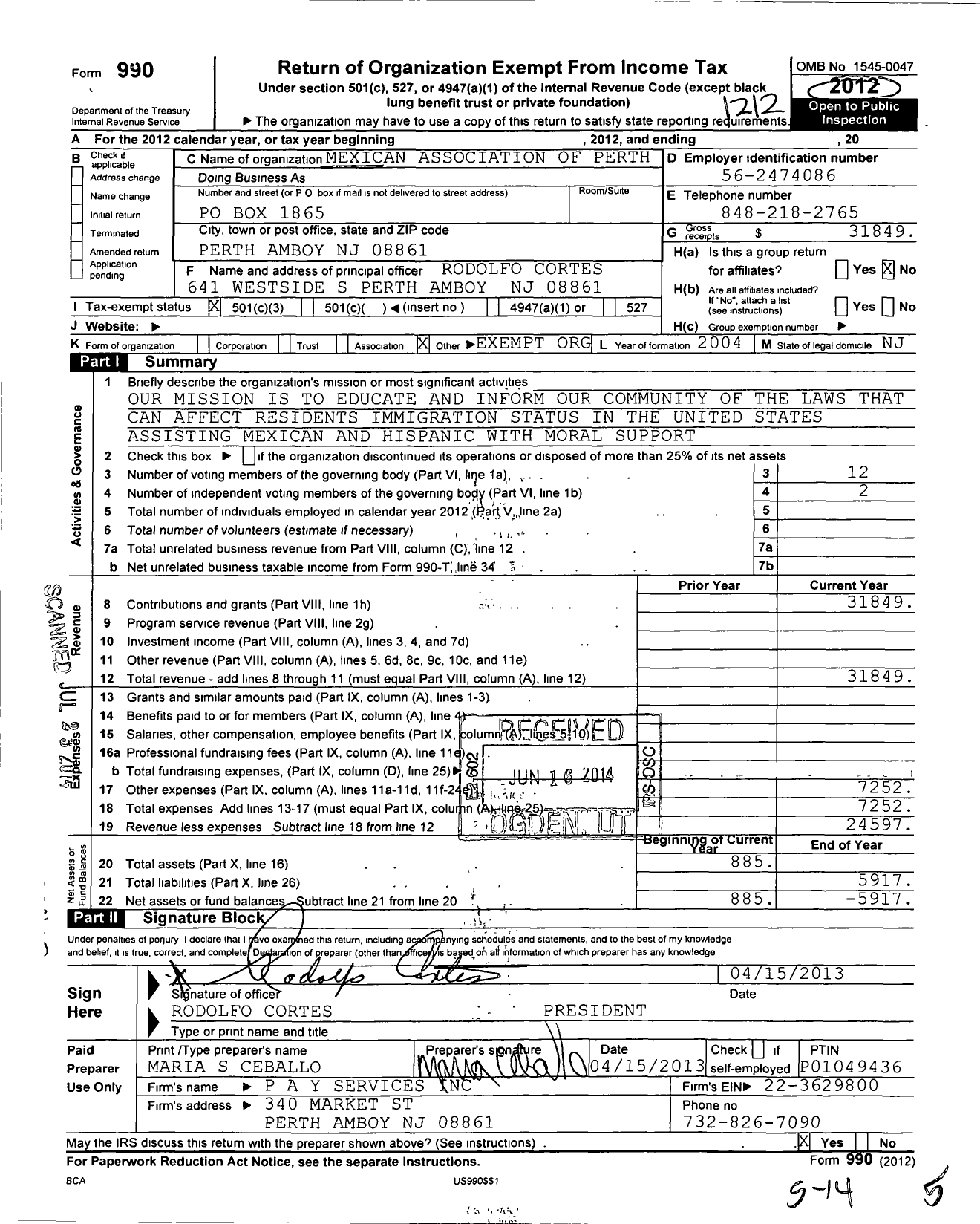 Image of first page of 2012 Form 990 for Mexican Association of Perth A