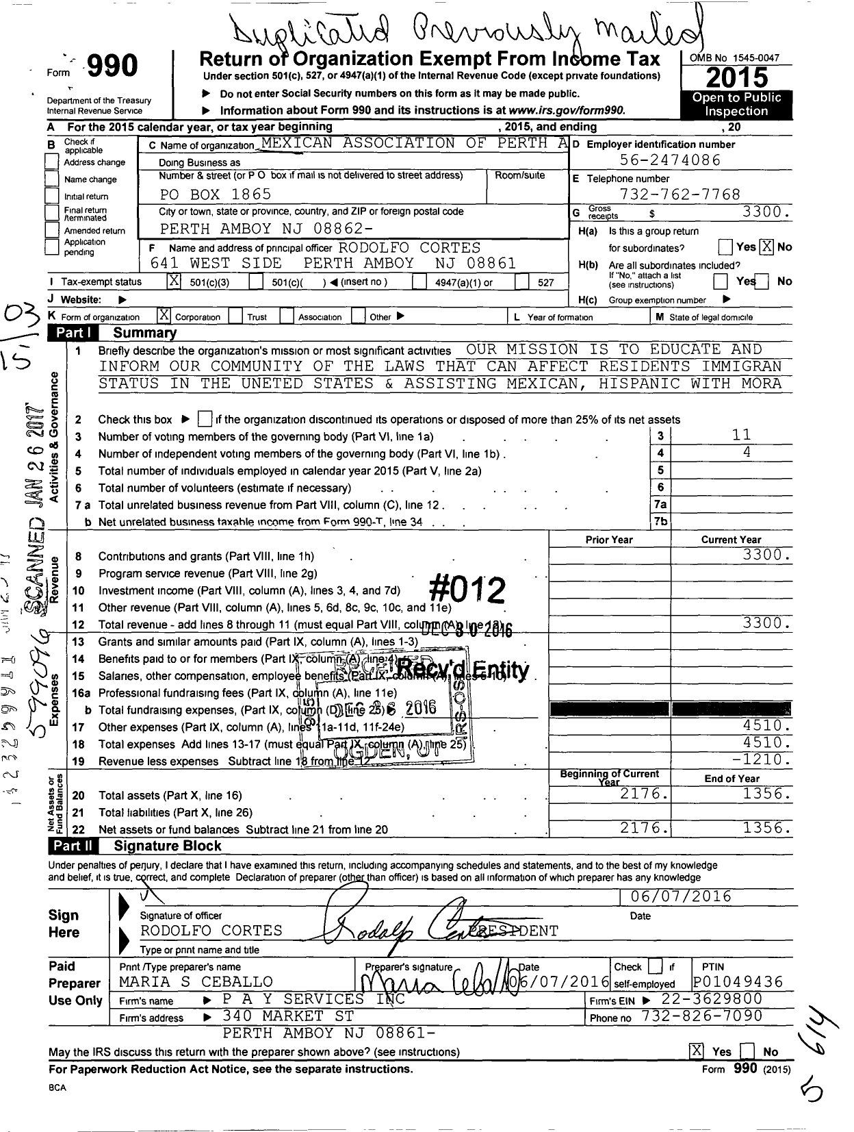 Image of first page of 2015 Form 990 for Mexican Association of Perth A