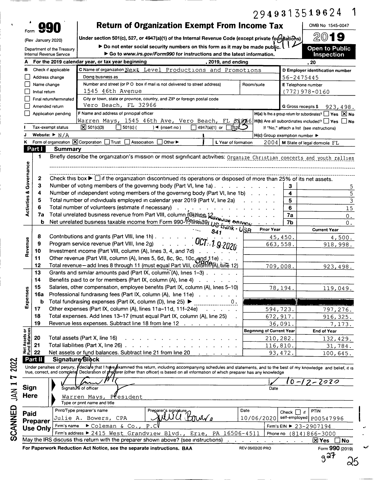 Image of first page of 2019 Form 990 for Next Level Productions and Promotions