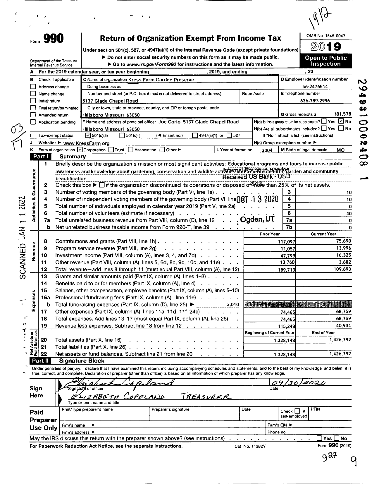 Image of first page of 2019 Form 990 for Kress Farm Garden Preserve