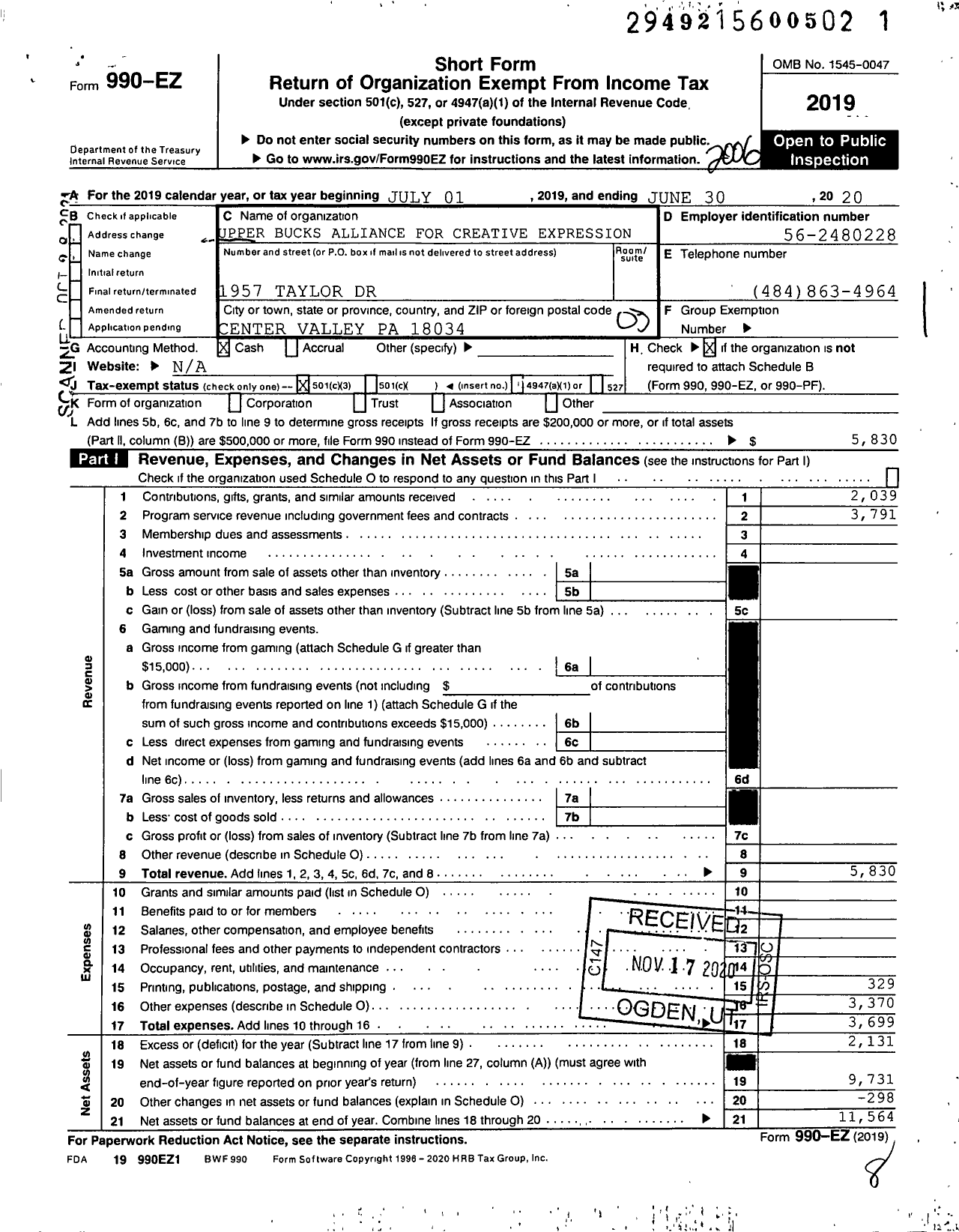 Image of first page of 2019 Form 990EZ for Upper Bucks Alliance for Creative