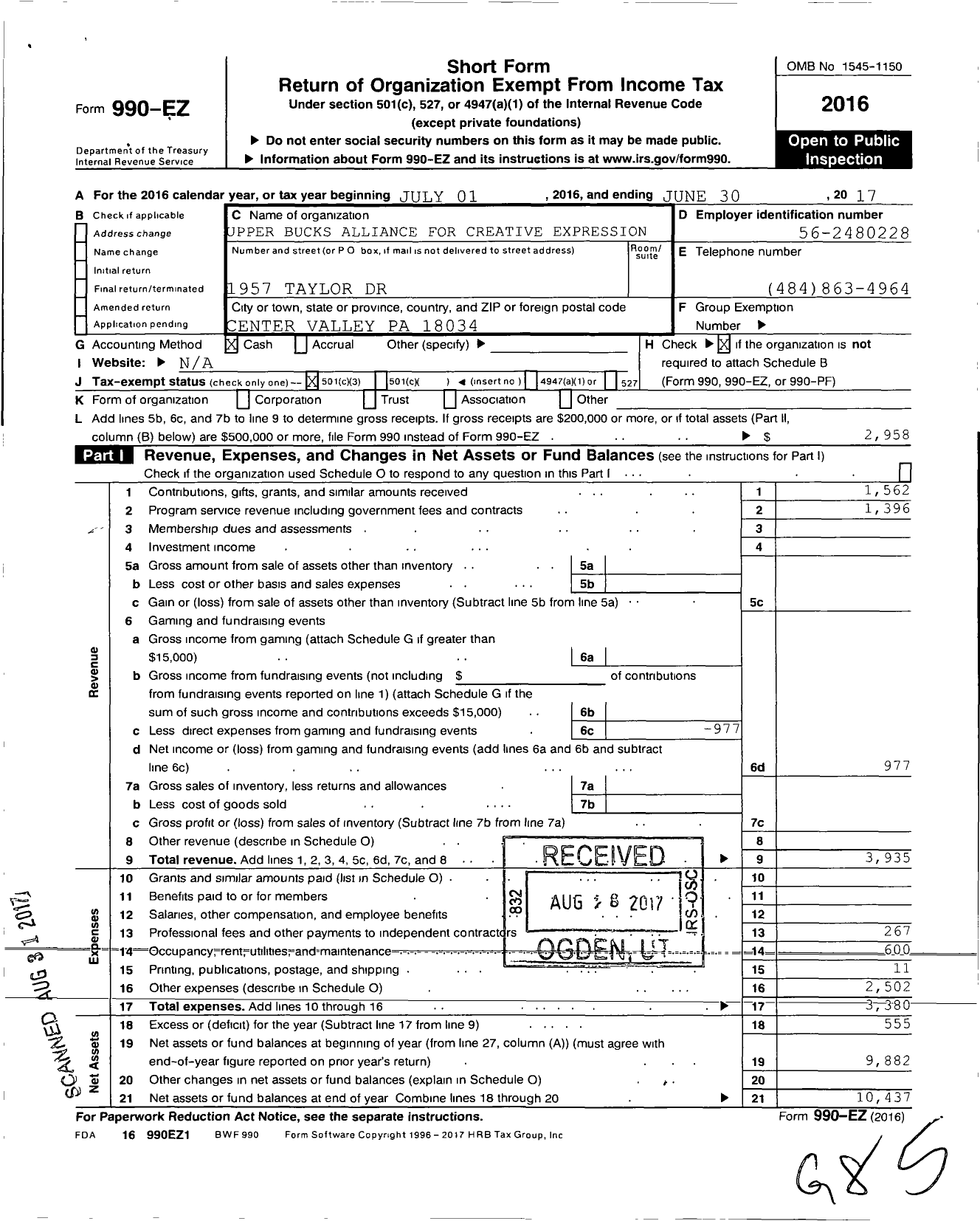 Image of first page of 2016 Form 990EZ for Upper Bucks Alliance for Creative