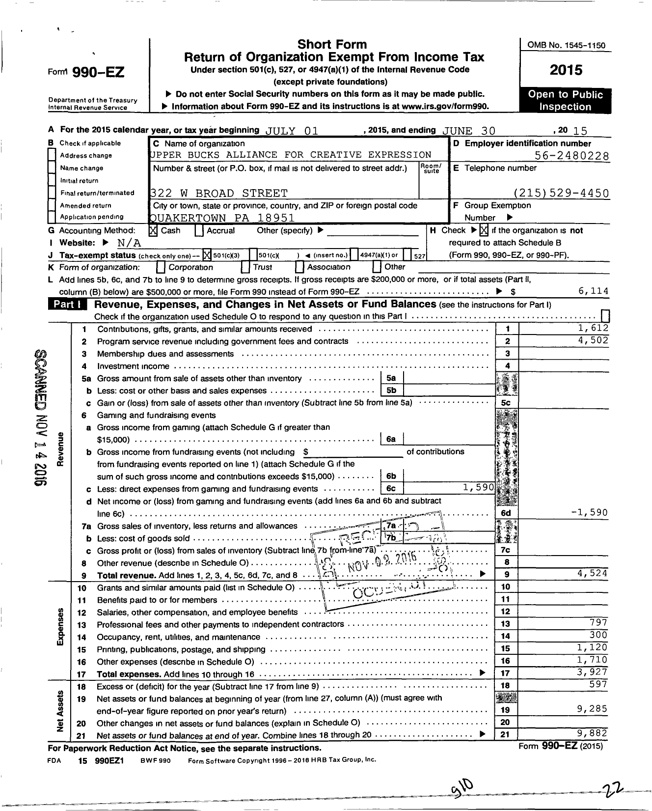 Image of first page of 2014 Form 990EZ for Upper Bucks Alliance for Creative