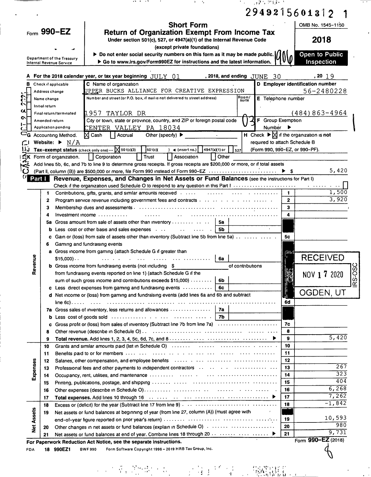 Image of first page of 2018 Form 990EZ for Upper Bucks Alliance for Creative