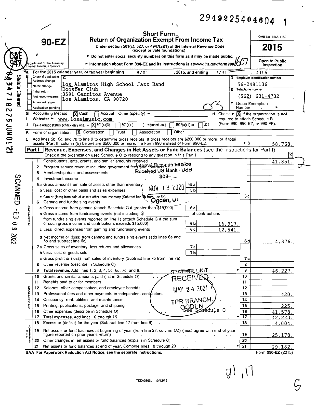 Image of first page of 2015 Form 990EZ for Los Alamitos High School Jazz Band Booster Club