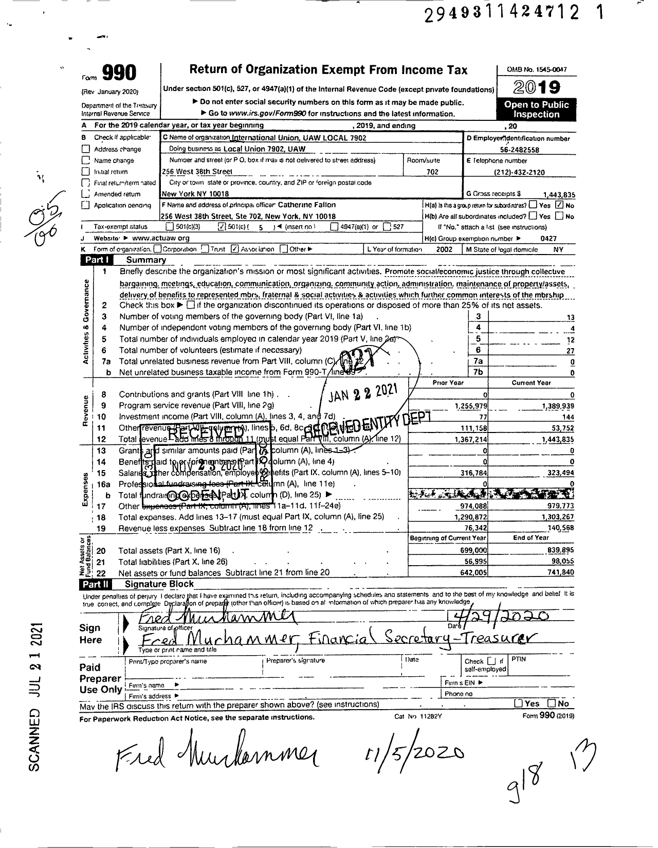 Image of first page of 2019 Form 990O for UAW - Local Union 7902 UAW