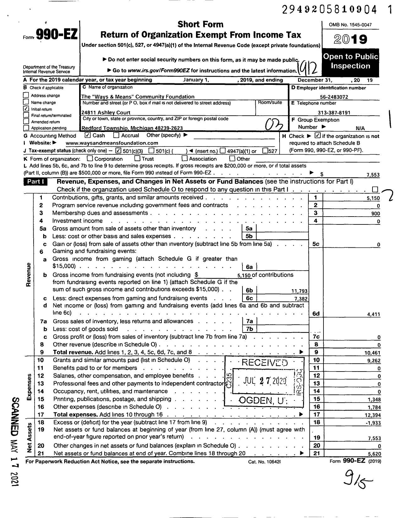 Image of first page of 2019 Form 990EZ for The Ways and Means Community Foundation