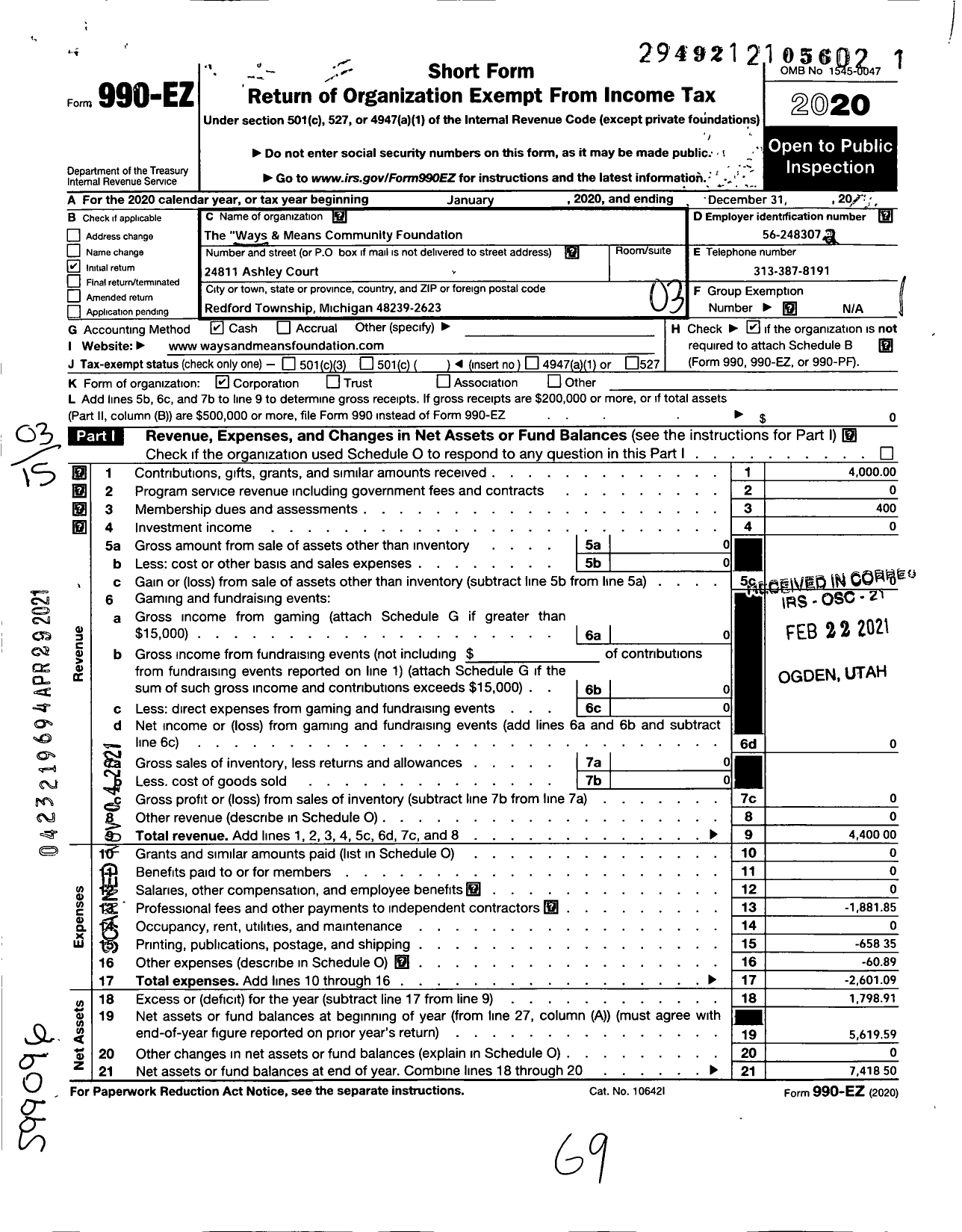 Image of first page of 2020 Form 990EZ for The Ways and Means Community Foundation