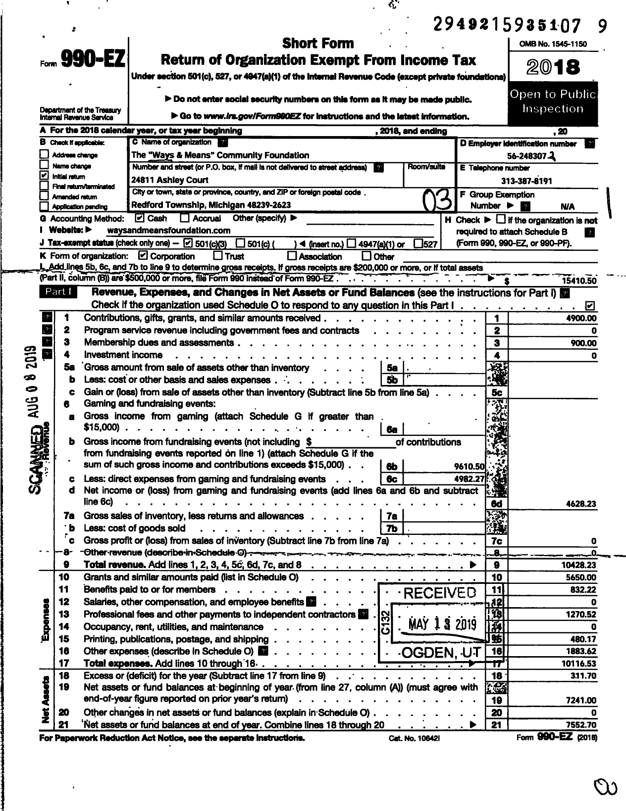 Image of first page of 2018 Form 990EZ for The Ways and Means Community Foundation