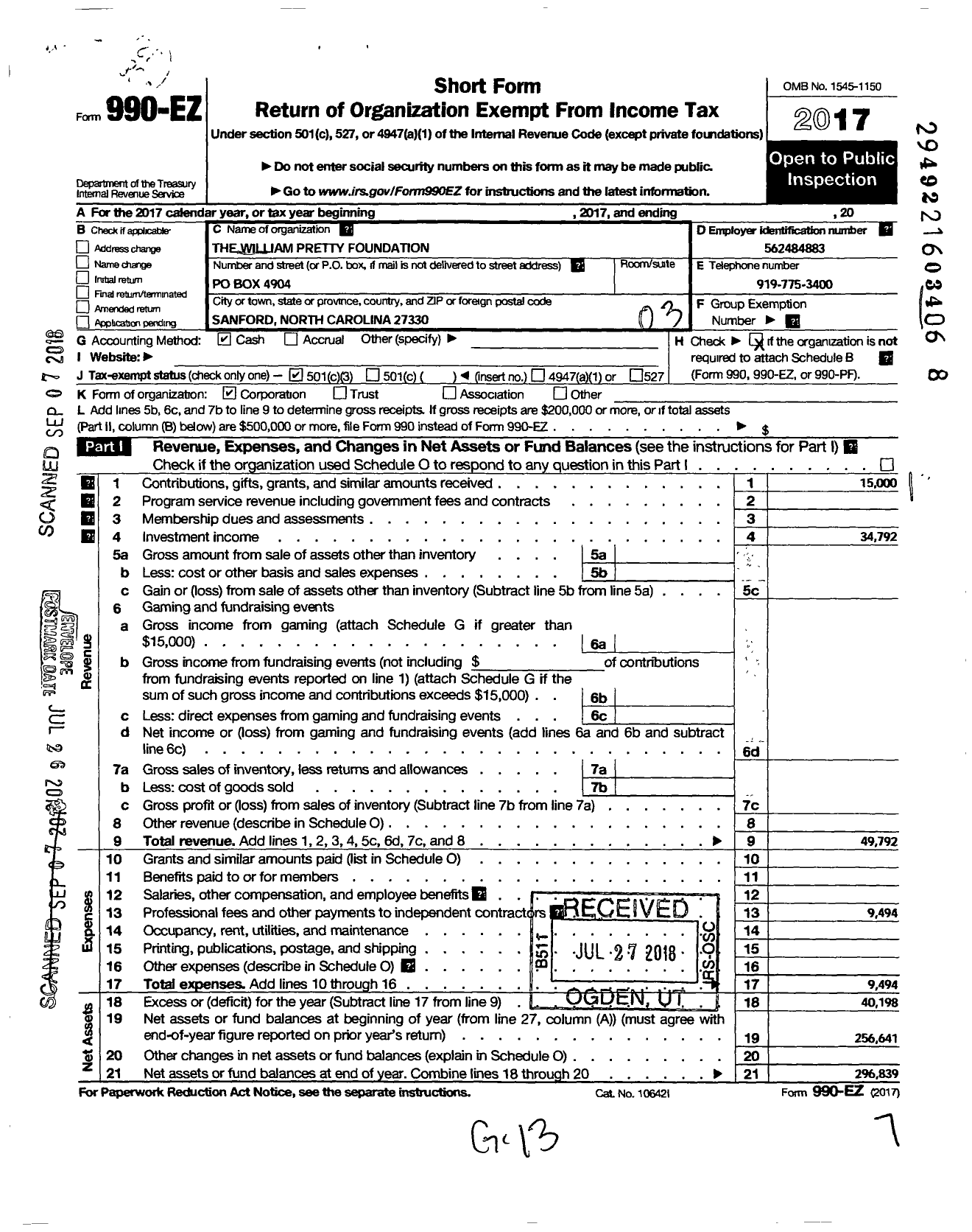 Image of first page of 2017 Form 990EZ for William Pretty Foundation