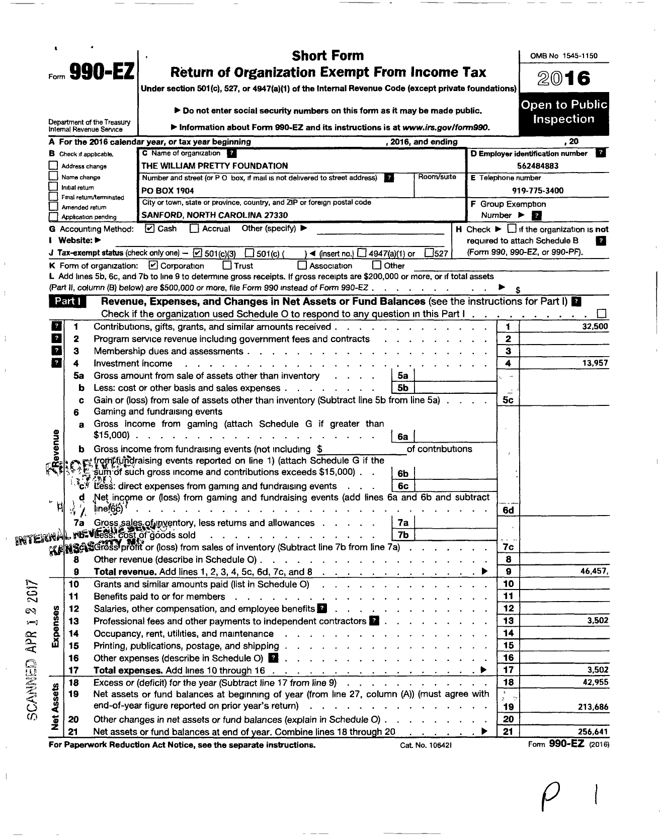 Image of first page of 2016 Form 990EZ for William Pretty Foundation