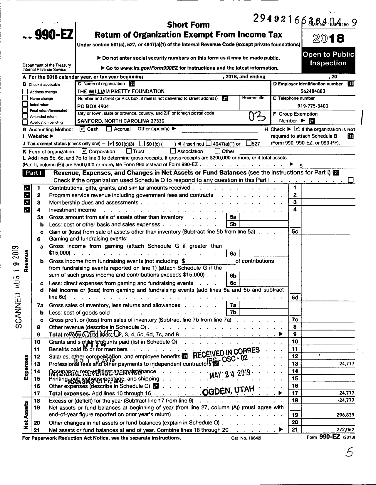 Image of first page of 2018 Form 990EZ for William Pretty Foundation